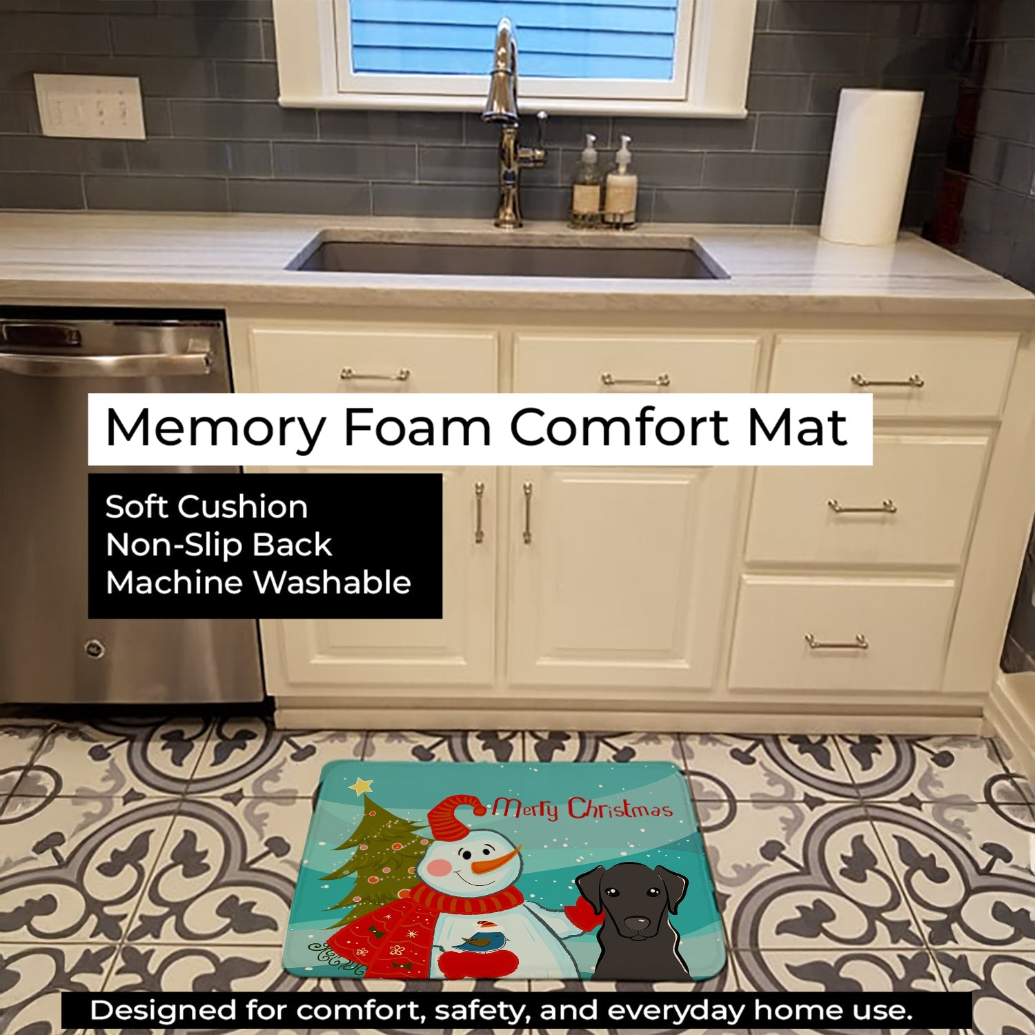 Snowman with Black Labrador Memory Foam Kitchen Mat Machine Washable Anti-Fatigue Cushion Comfort Bath or Kitchen Rug