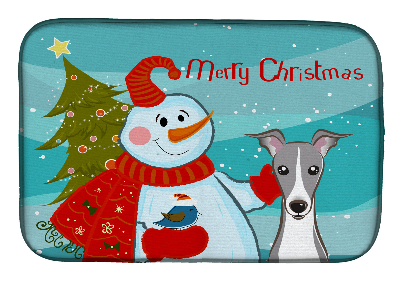 Snowman with Italian Greyhound Dish Drying Mat Absorbent Dish Drying Mat Pad for Kitchen Counter Dish Drainer Mat for Countertop, 14 x 21", Multicolor