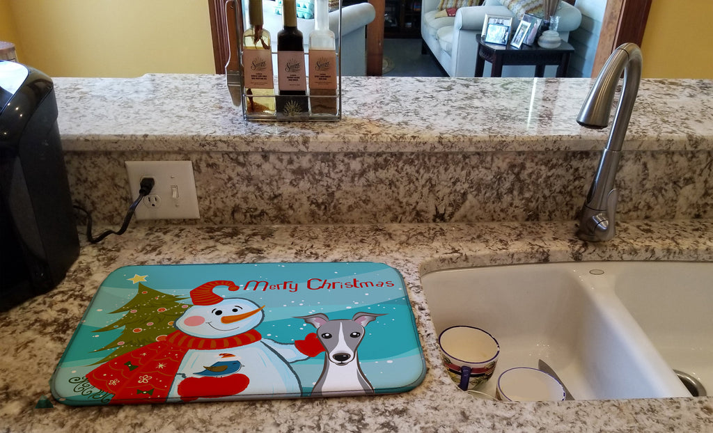Snowman with Italian Greyhound Dish Drying Mat Absorbent Dish Drying Mat Pad for Kitchen Counter Dish Drainer Mat for Countertop, 14 x 21", Multicolor