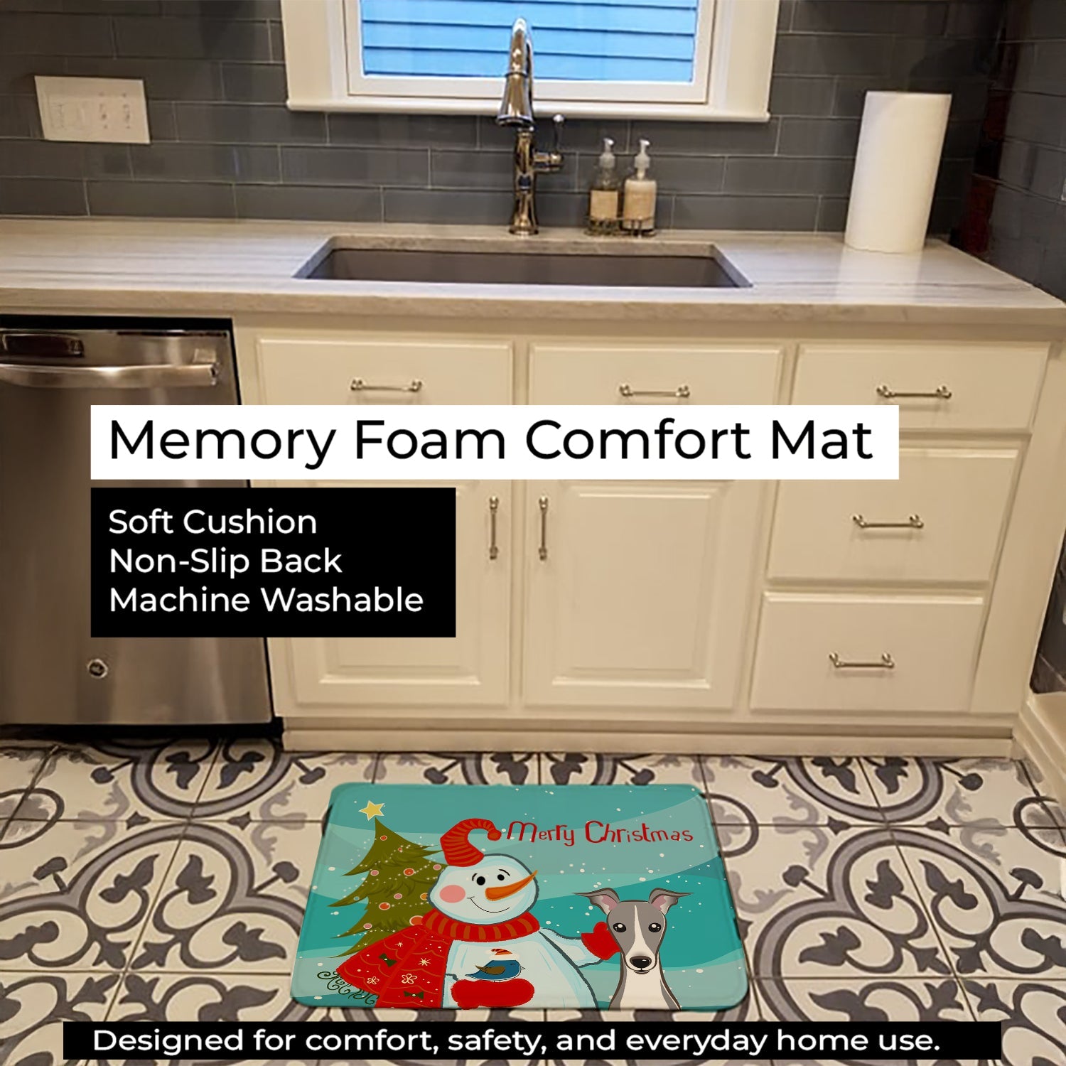 Snowman with Italian Greyhound Memory Foam Kitchen Mat Machine Washable Anti-Fatigue Cushion Comfort Bath or Kitchen Rug