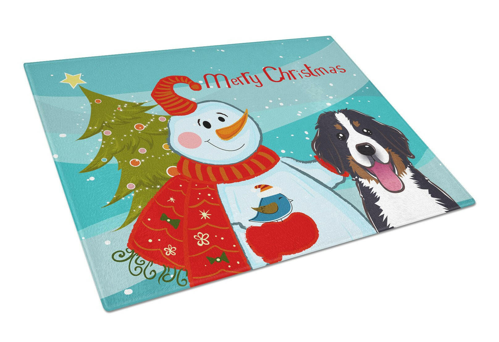 Snowman with Bernese Mountain Dog Cutting Board Tempered Glass Kitchen Cutting Surface, Heat Resistant Chopping, Non-Slip Feet, Food Prep & Serving