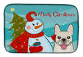 Snowman with French Bulldog Dish Drying Mat Absorbent Dish Drying Mat Pad for Kitchen Counter Dish Drainer Mat for Countertop, 14 x 21", Multicolor