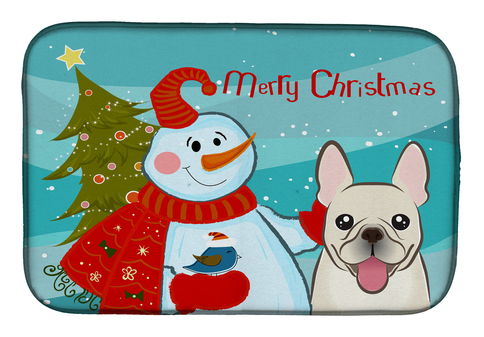 Snowman with French Bulldog Dish Drying Mat Absorbent Dish Drying Mat Pad for Kitchen Counter Dish Drainer Mat for Countertop, 14 x 21", Multicolor
