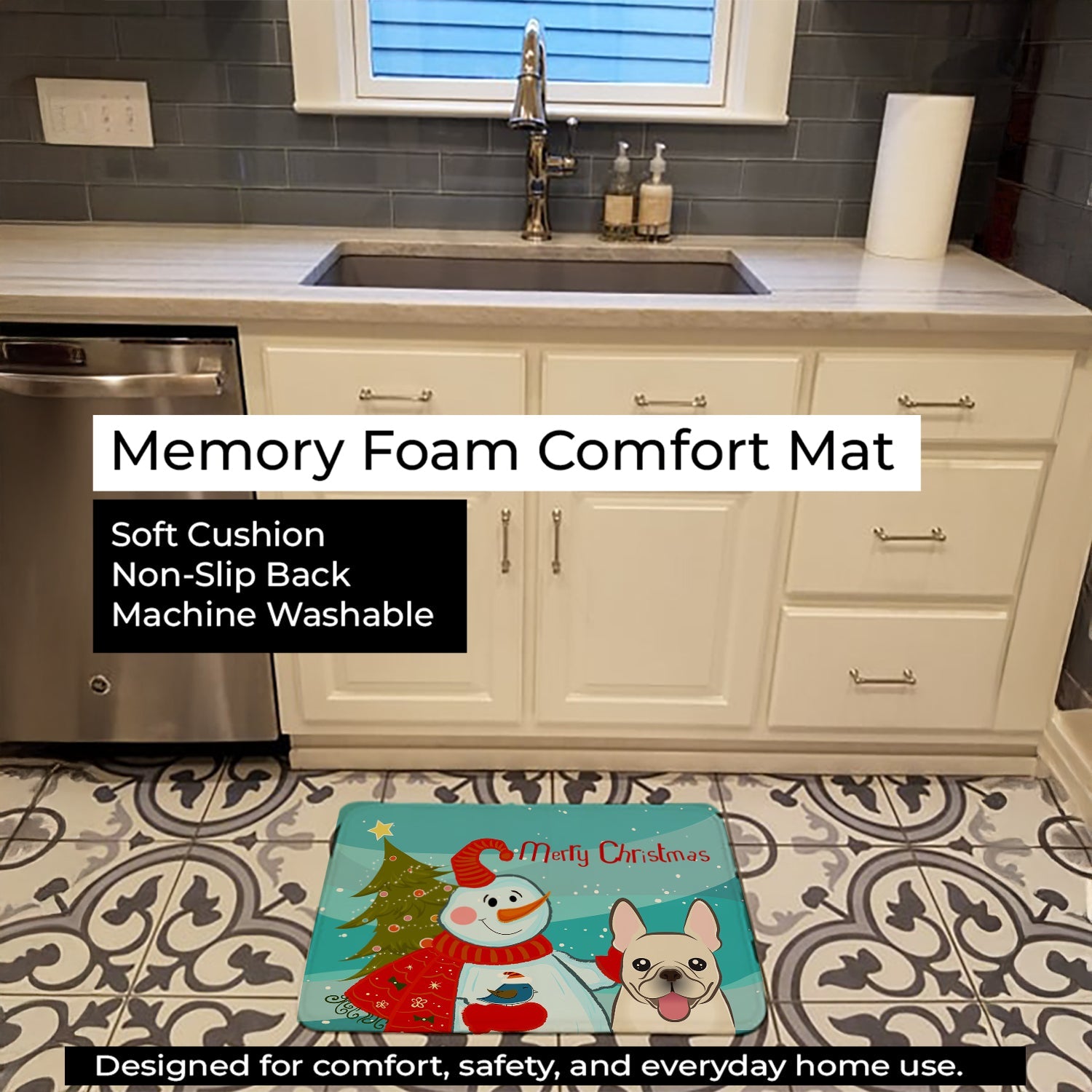 Snowman with French Bulldog Memory Foam Kitchen Mat Machine Washable Anti-Fatigue Cushion Comfort Bath or Kitchen Rug