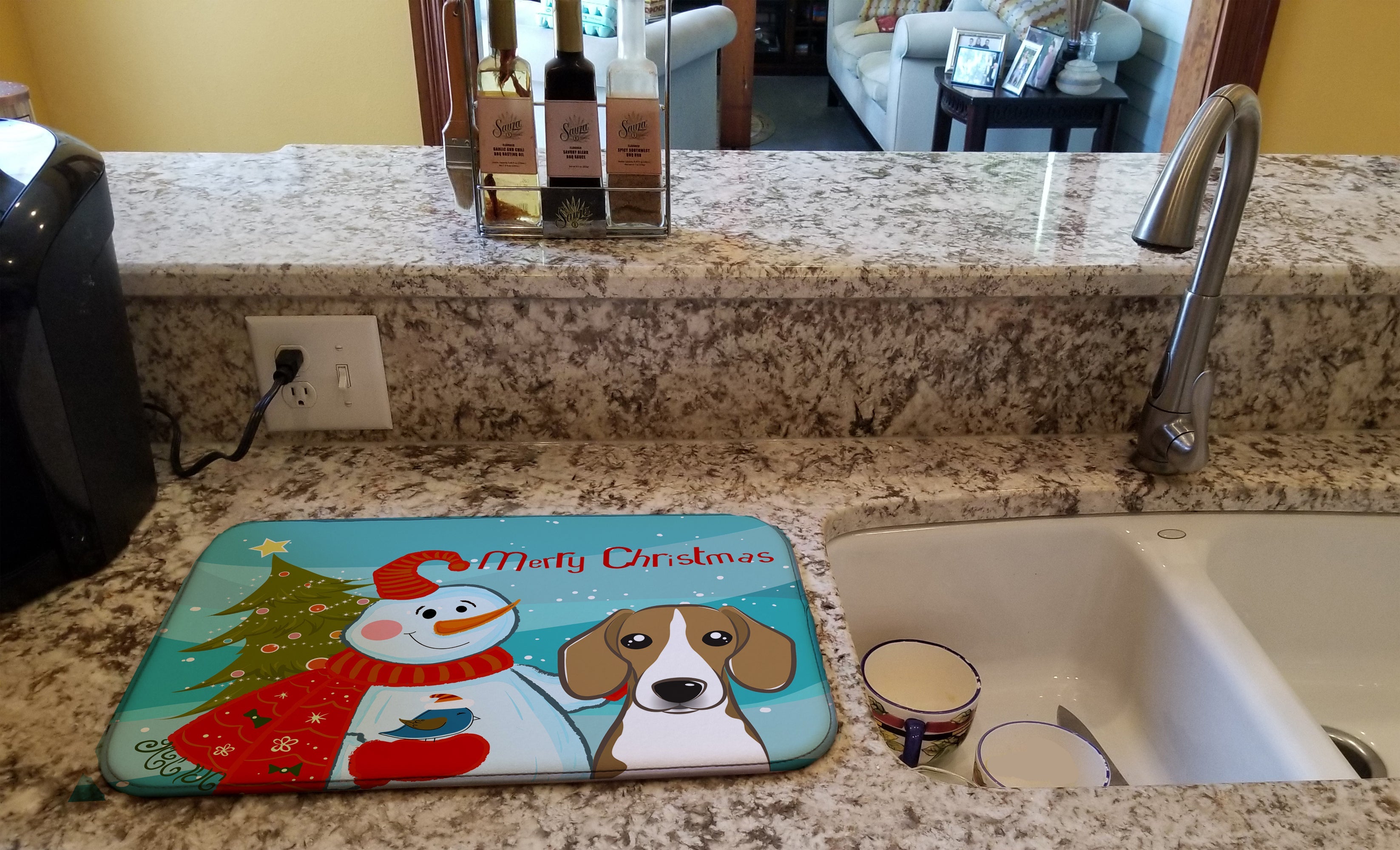 Snowman with Beagle Dish Drying Mat Absorbent Dish Drying Mat Pad for Kitchen Counter Dish Drainer Mat for Countertop, 14 x 21", Multicolor