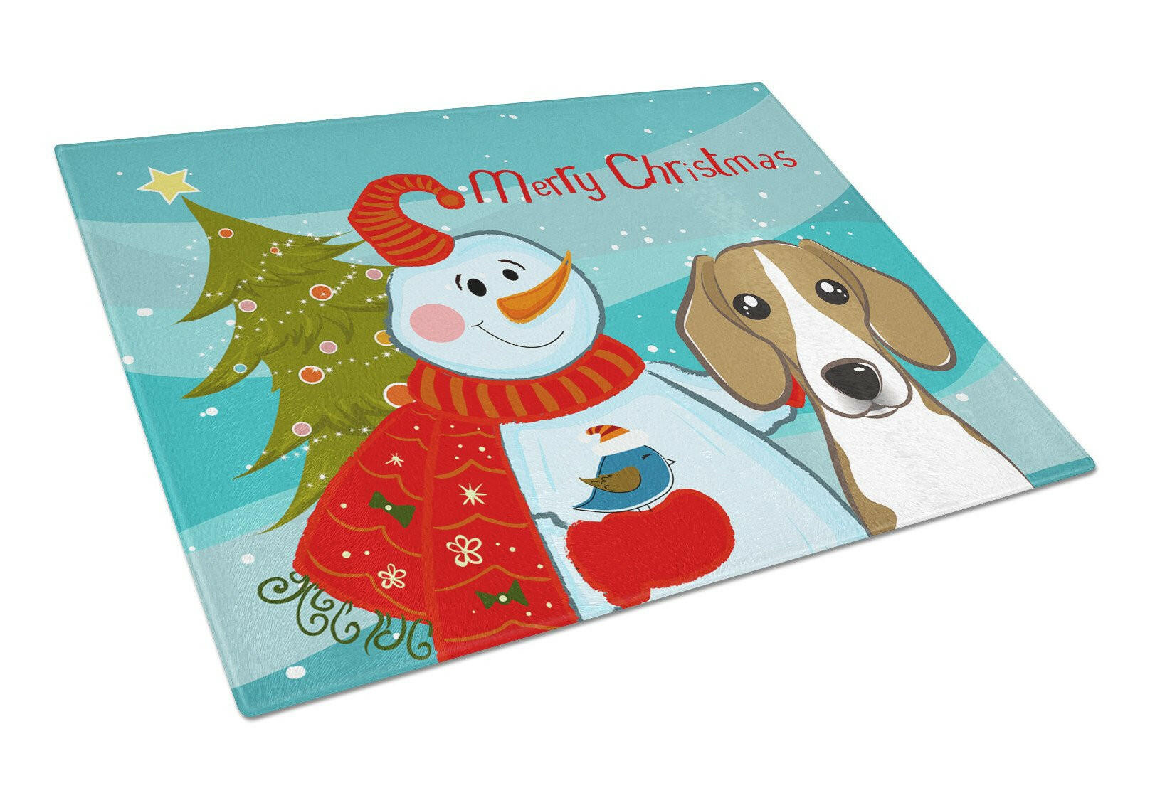 Snowman with Beagle Cutting Board Tempered Glass Kitchen Cutting Surface, Heat Resistant Chopping, Non-Slip Feet, Food Prep & Serving