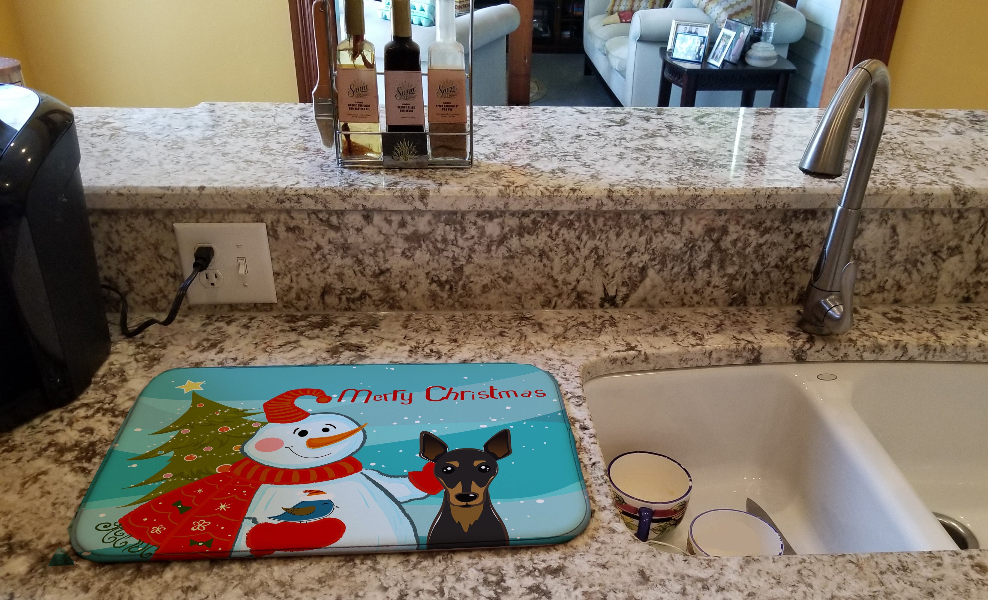 Snowman with Min Pin Dish Drying Mat Absorbent Dish Drying Mat Pad for Kitchen Counter Dish Drainer Mat for Countertop, 14 x 21", Multicolor