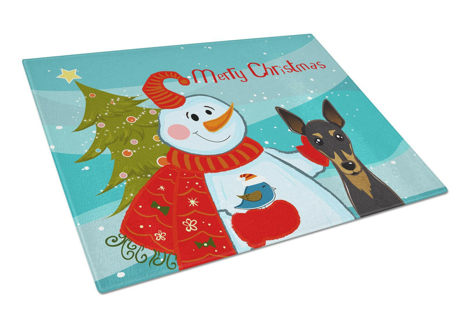 Snowman with Min Pin Cutting Board Tempered Glass Kitchen Cutting Surface, Heat Resistant Chopping, Non-Slip Feet, Food Prep & Serving