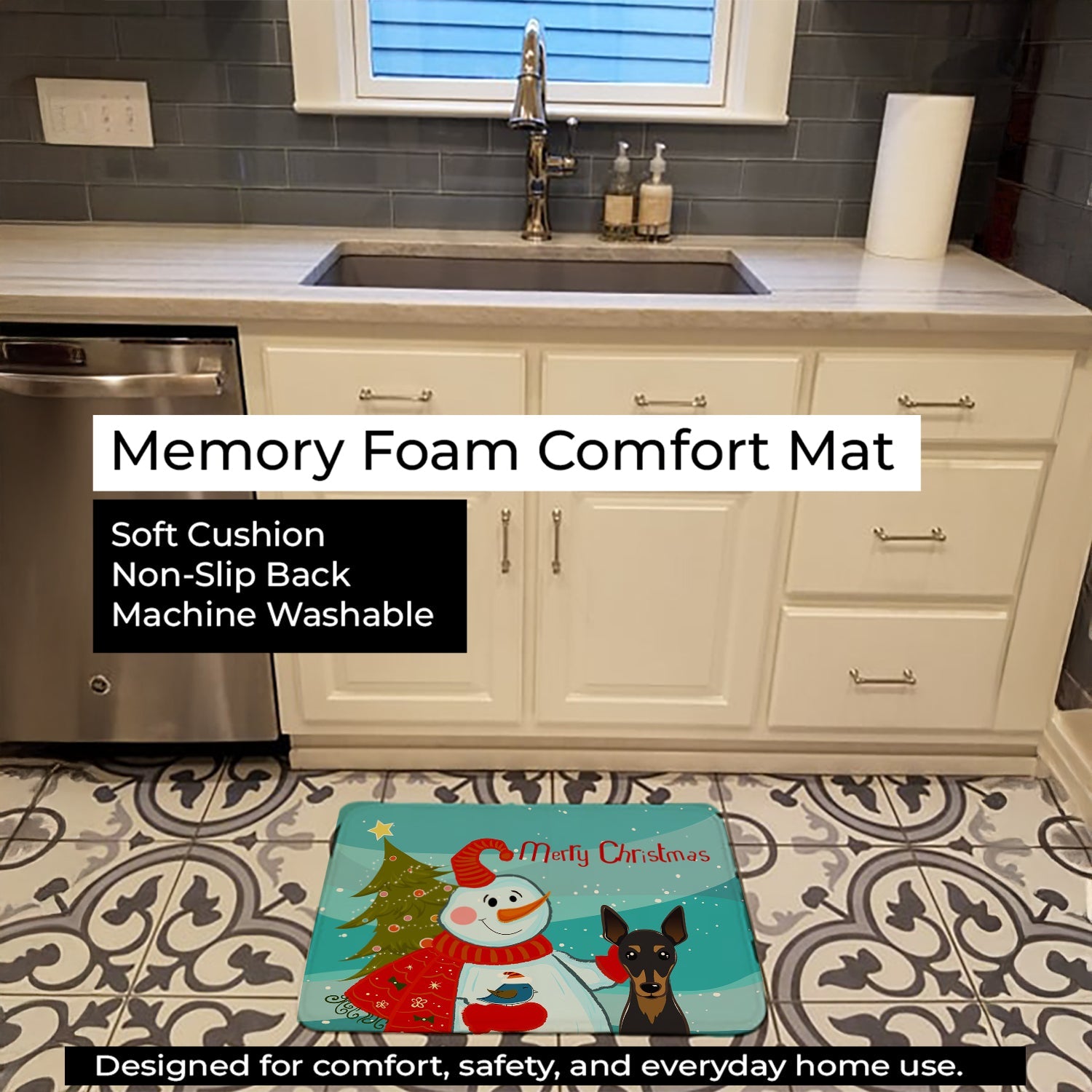 Snowman with Min Pin Memory Foam Kitchen Mat Machine Washable Anti-Fatigue Cushion Comfort Bath or Kitchen Rug