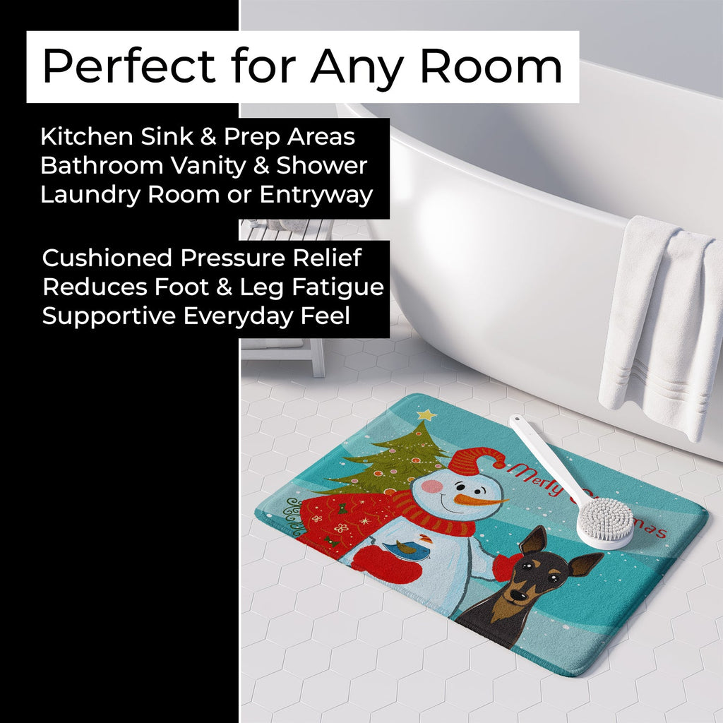 Snowman with Min Pin Memory Foam Kitchen Mat Machine Washable Anti-Fatigue Cushion Comfort Bath or Kitchen Rug