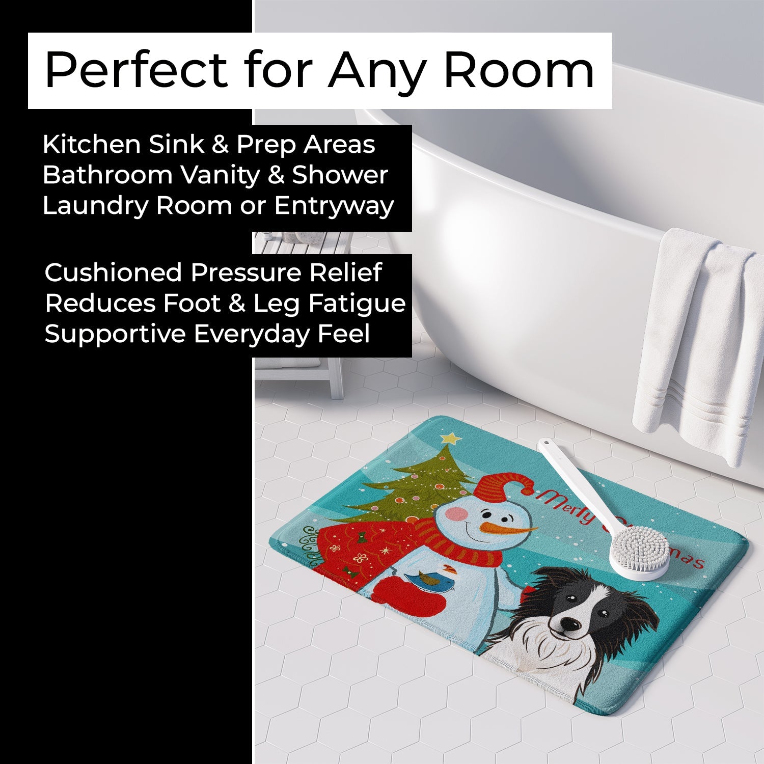 Snowman with Border Collie Memory Foam Kitchen Mat Machine Washable Anti-Fatigue Cushion Comfort Bath or Kitchen Rug