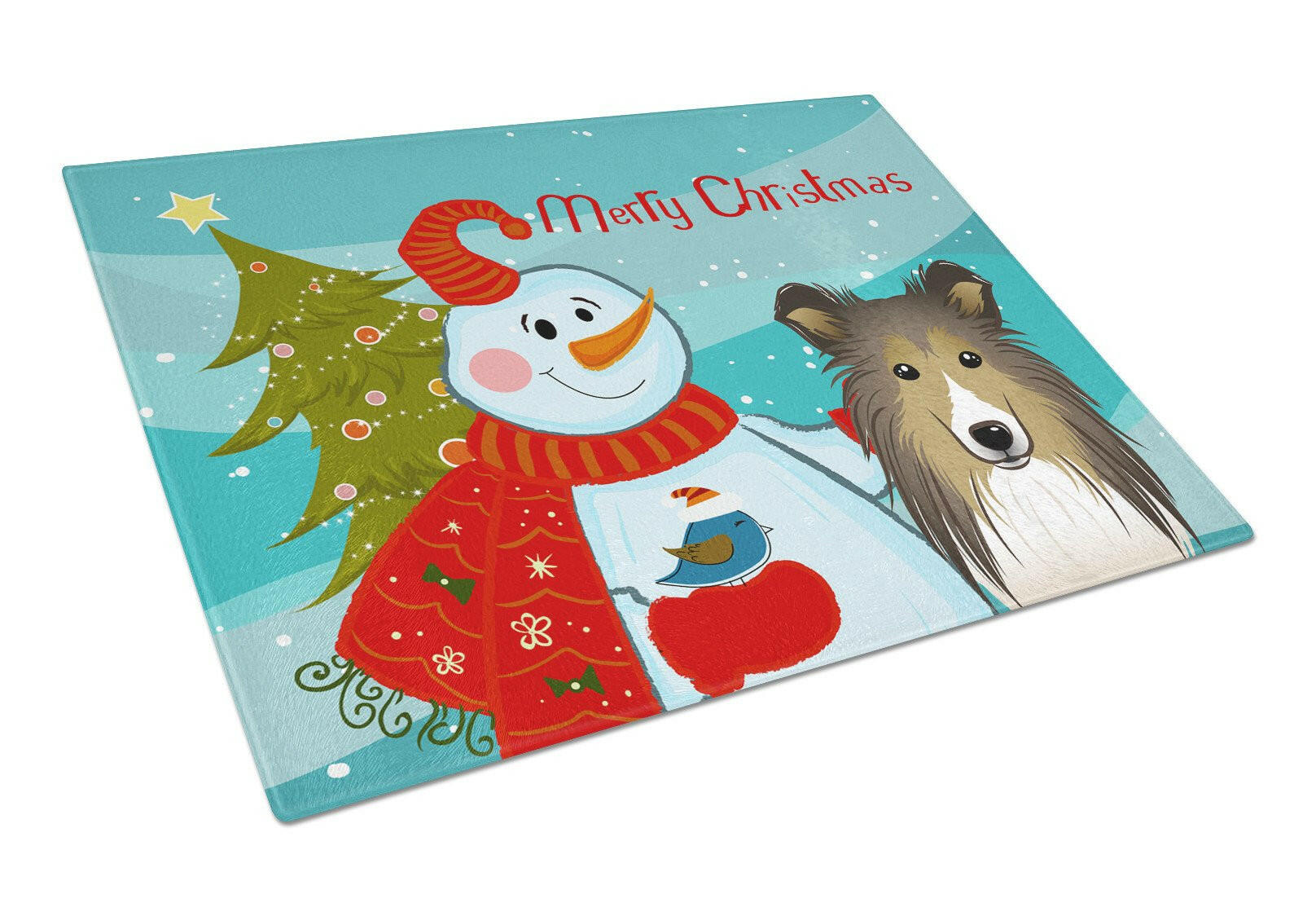 Snowman with Sheltie Cutting Board Tempered Glass Kitchen Cutting Surface, Heat Resistant Chopping, Non-Slip Feet, Food Prep & Serving