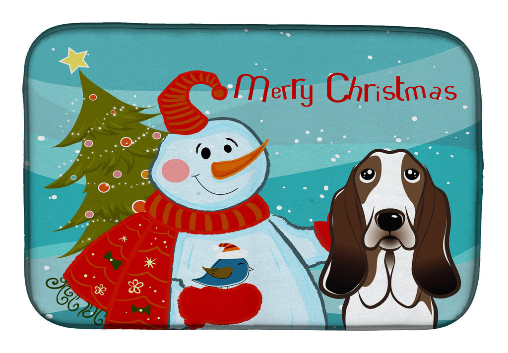 Snowman with Basset Hound Dish Drying Mat Absorbent Dish Drying Mat Pad for Kitchen Counter Dish Drainer Mat for Countertop, 14 x 21", Multicolor