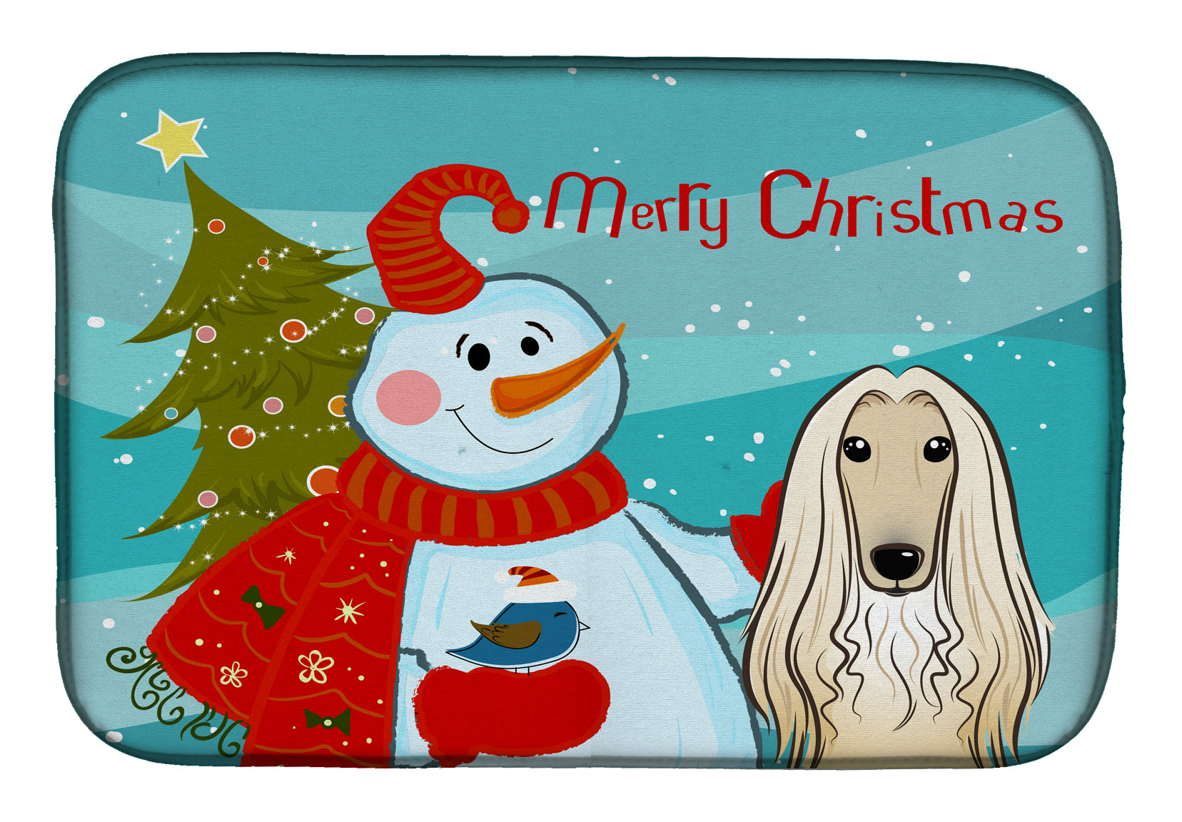 Snowman with Afghan Hound Dish Drying Mat Absorbent Dish Drying Mat Pad for Kitchen Counter Dish Drainer Mat for Countertop, 14 x 21", Multicolor