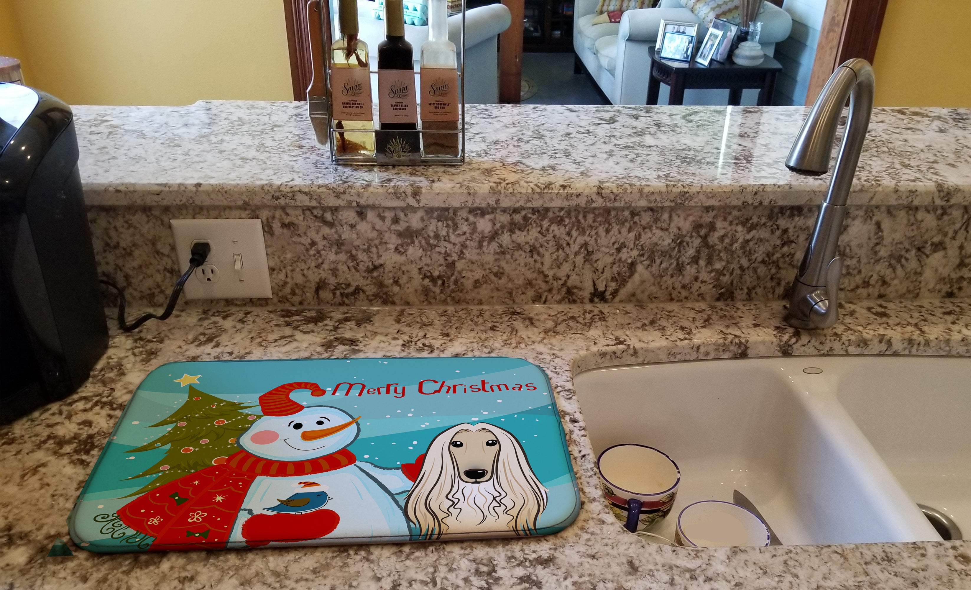 Snowman with Afghan Hound Dish Drying Mat Absorbent Dish Drying Mat Pad for Kitchen Counter Dish Drainer Mat for Countertop, 14 x 21", Multicolor