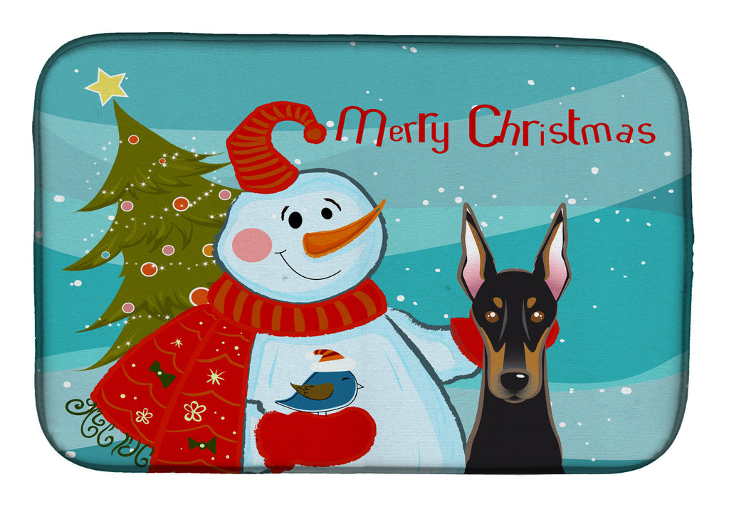 Snowman with Doberman Dish Drying Mat Absorbent Dish Drying Mat Pad for Kitchen Counter Dish Drainer Mat for Countertop, 14 x 21", Multicolor