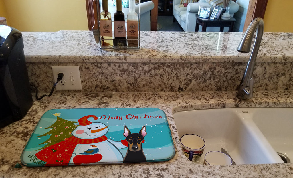 Snowman with Doberman Dish Drying Mat Absorbent Dish Drying Mat Pad for Kitchen Counter Dish Drainer Mat for Countertop, 14 x 21", Multicolor