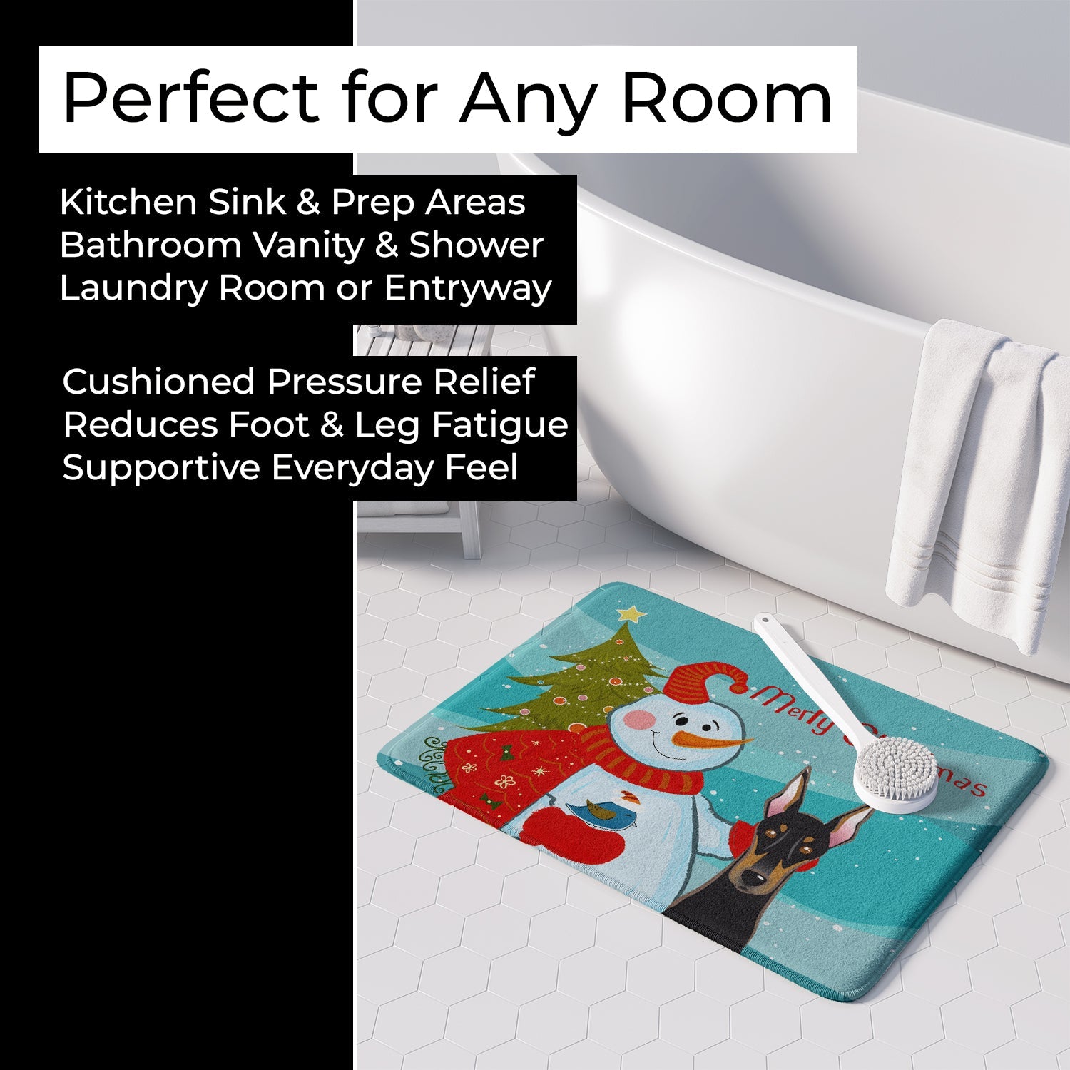 Snowman with Doberman Memory Foam Kitchen Mat Machine Washable Anti-Fatigue Cushion Comfort Bath or Kitchen Rug