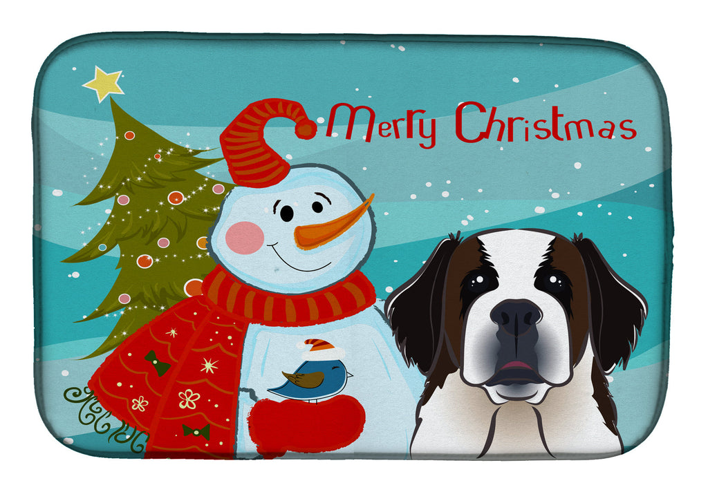 Snowman with Saint Bernard Dish Drying Mat Absorbent Dish Drying Mat Pad for Kitchen Counter Dish Drainer Mat for Countertop, 14 x 21", Multicolor