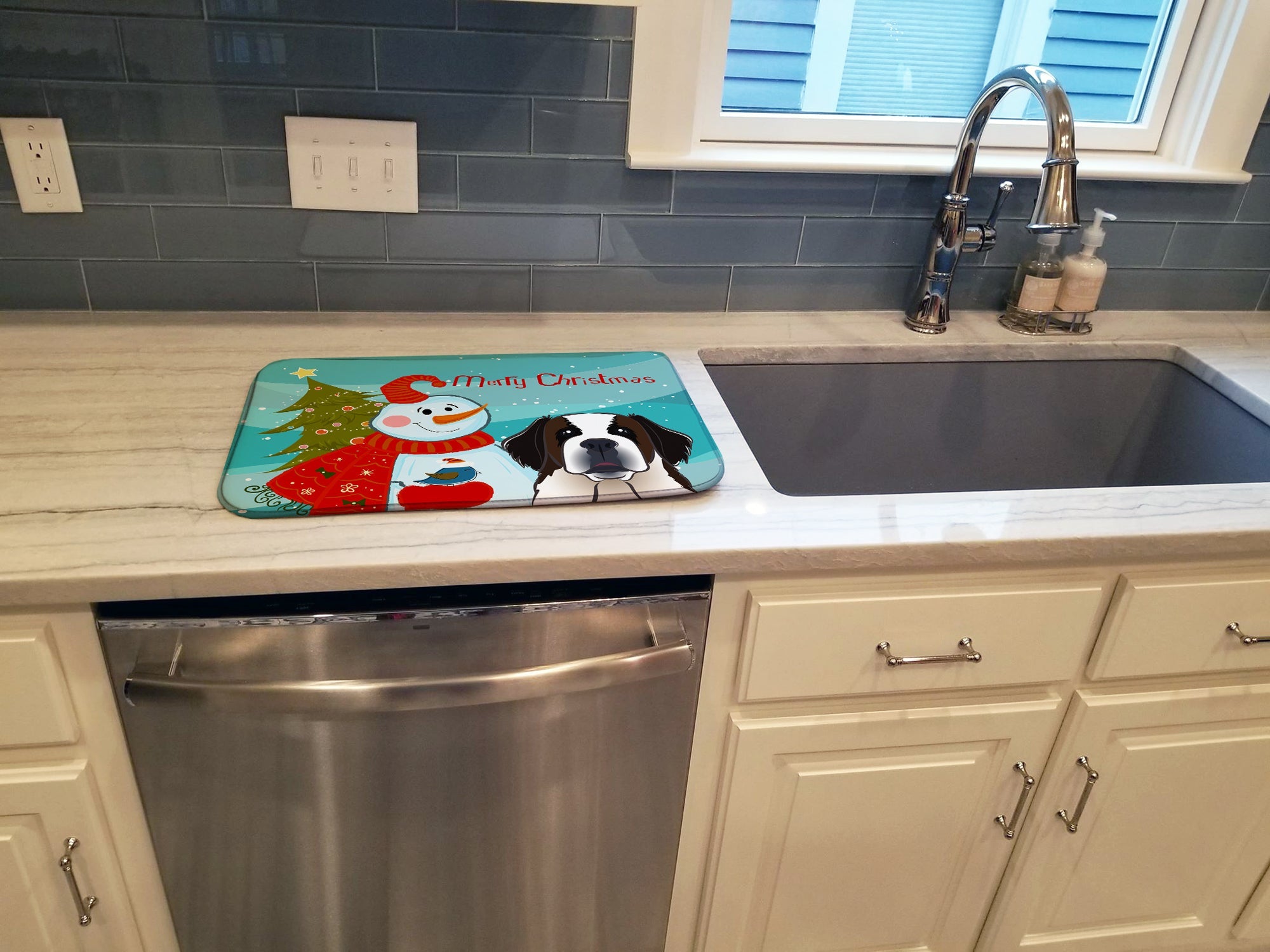 Snowman with Saint Bernard Dish Drying Mat Absorbent Dish Drying Mat Pad for Kitchen Counter Dish Drainer Mat for Countertop, 14 x 21", Multicolor