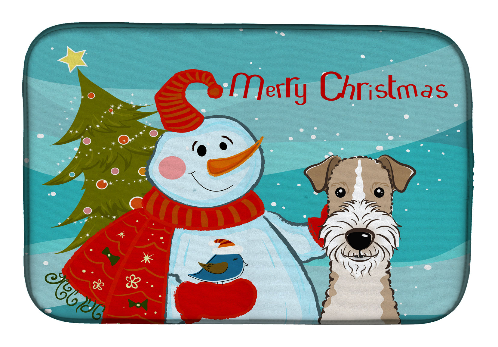 Snowman with Wire Haired Fox Terrier Dish Drying Mat Absorbent Dish Drying Mat Pad for Kitchen Counter Dish Drainer Mat for Countertop, 14 x 21", Multicolor