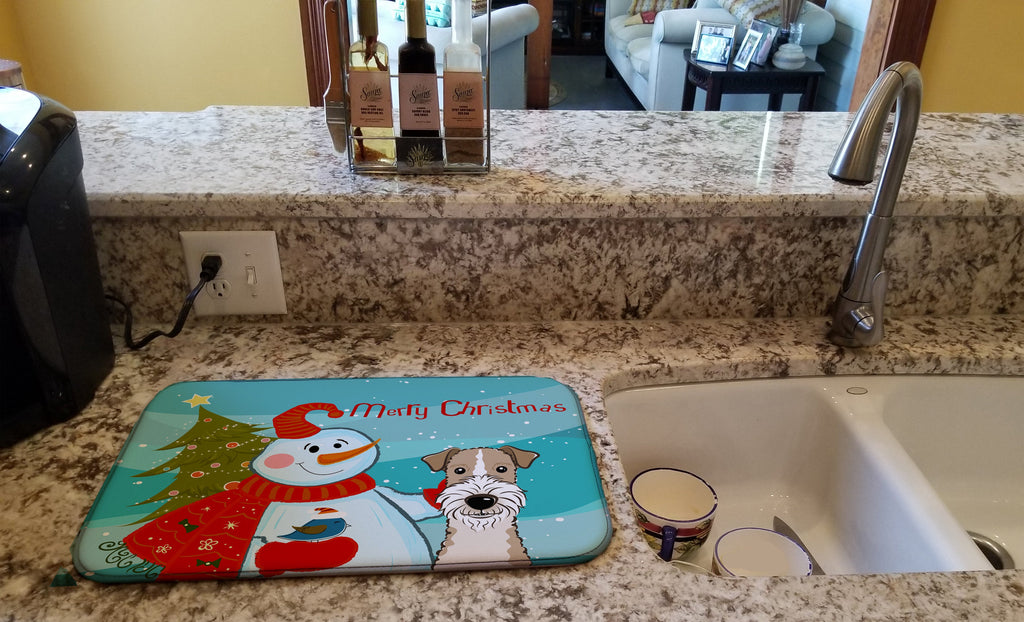 Snowman with Wire Haired Fox Terrier Dish Drying Mat Absorbent Dish Drying Mat Pad for Kitchen Counter Dish Drainer Mat for Countertop, 14 x 21", Multicolor