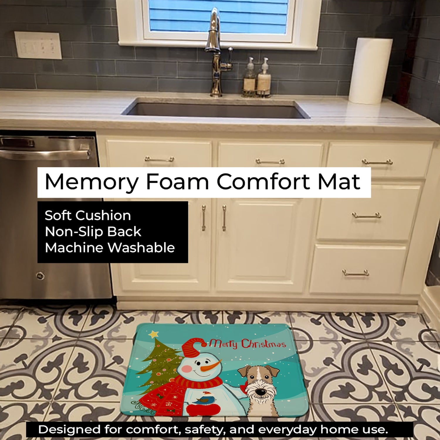 Snowman with Wire Haired Fox Terrier Memory Foam Kitchen Mat Machine Washable Anti-Fatigue Cushion Comfort Bath or Kitchen Rug