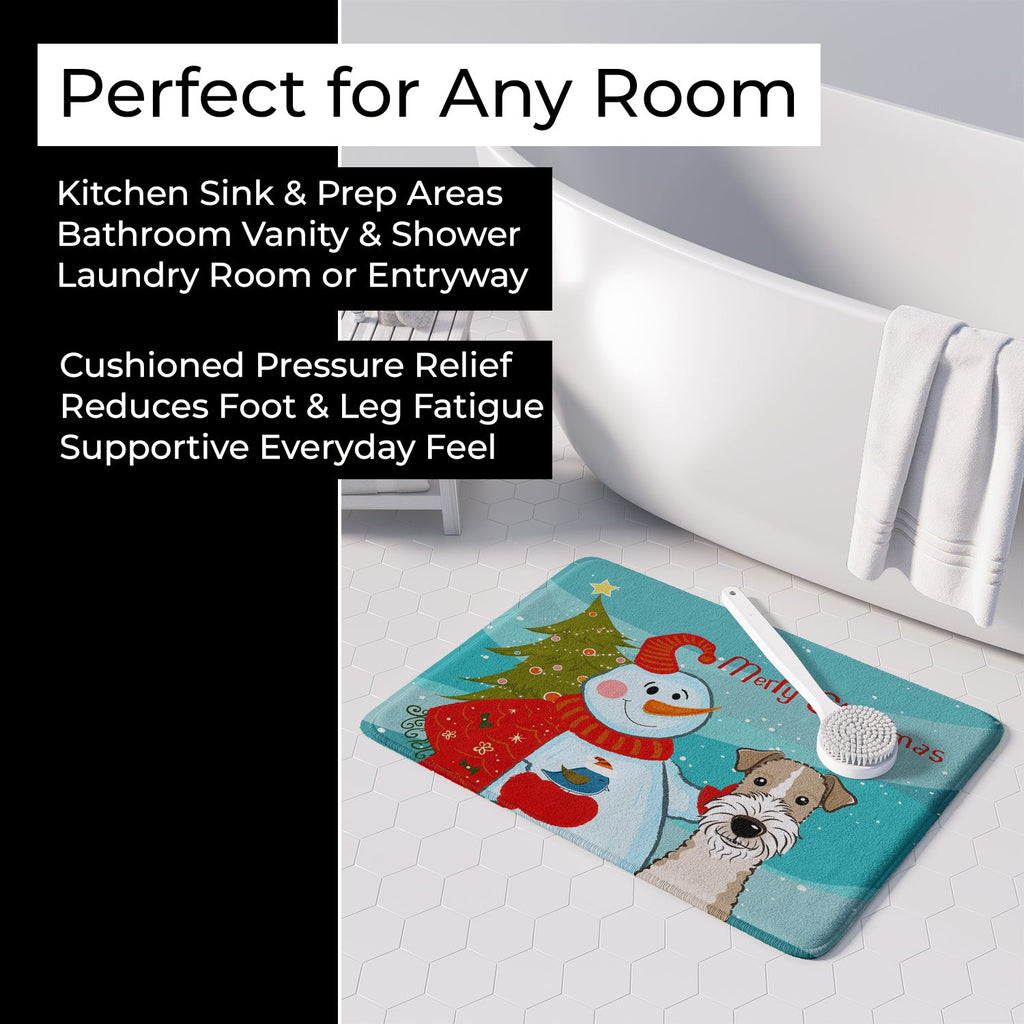 Snowman with Wire Haired Fox Terrier Memory Foam Kitchen Mat Machine Washable Anti-Fatigue Cushion Comfort Bath or Kitchen Rug