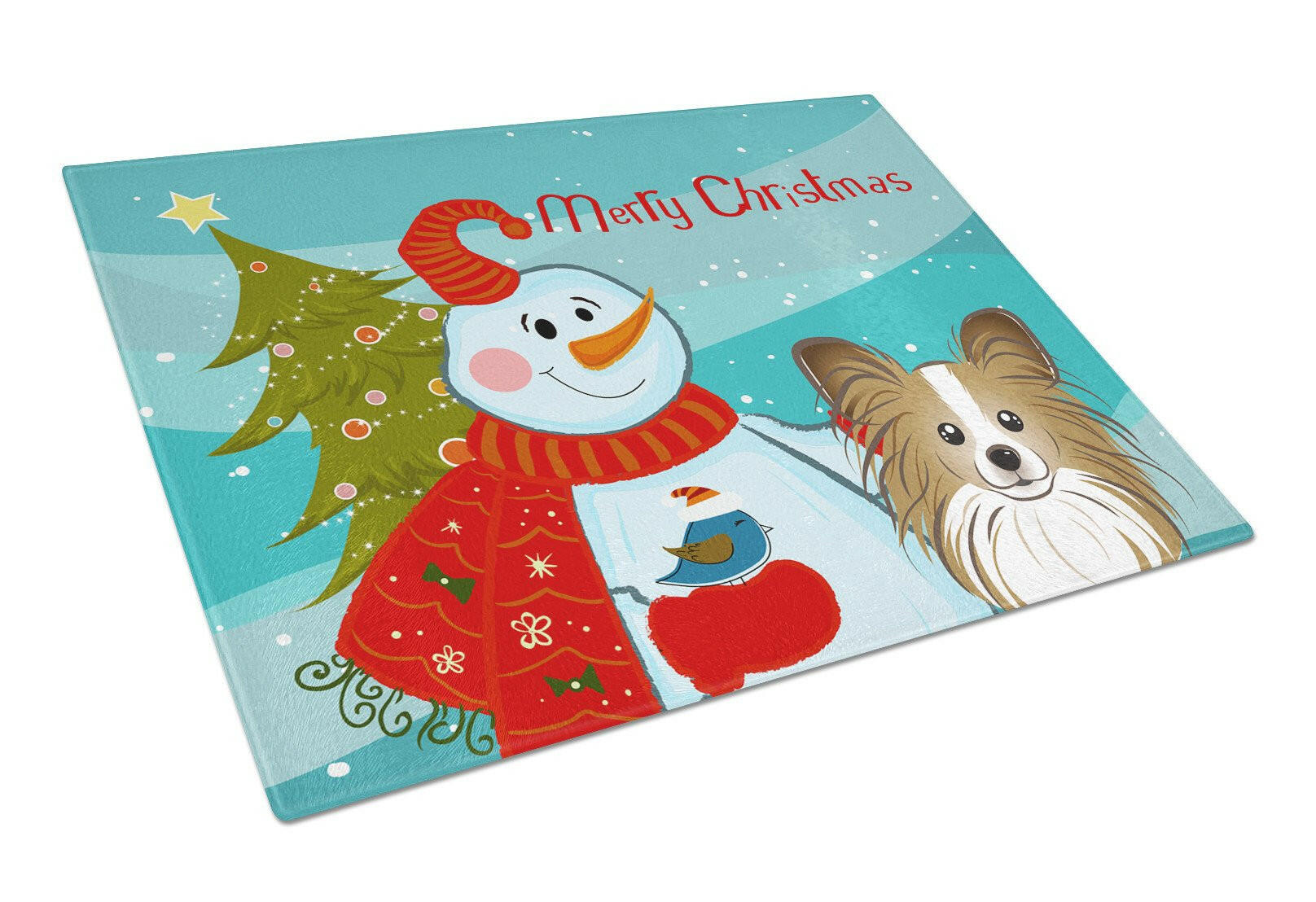 Snowman with Papillon Cutting Board Tempered Glass Kitchen Cutting Surface, Heat Resistant Chopping, Non-Slip Feet, Food Prep & Serving