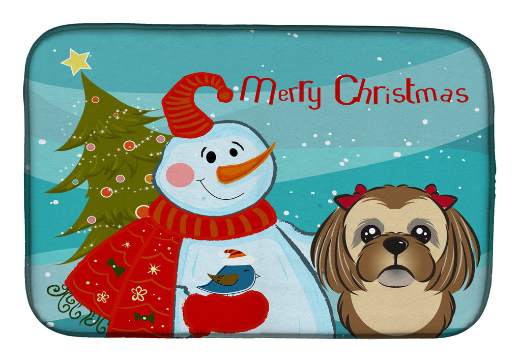 Snowman with Chocolate Brown Shih Tzu Dish Drying Mat Absorbent Dish Drying Mat Pad for Kitchen Counter Dish Drainer Mat for Countertop, 14 x 21", Multicolor