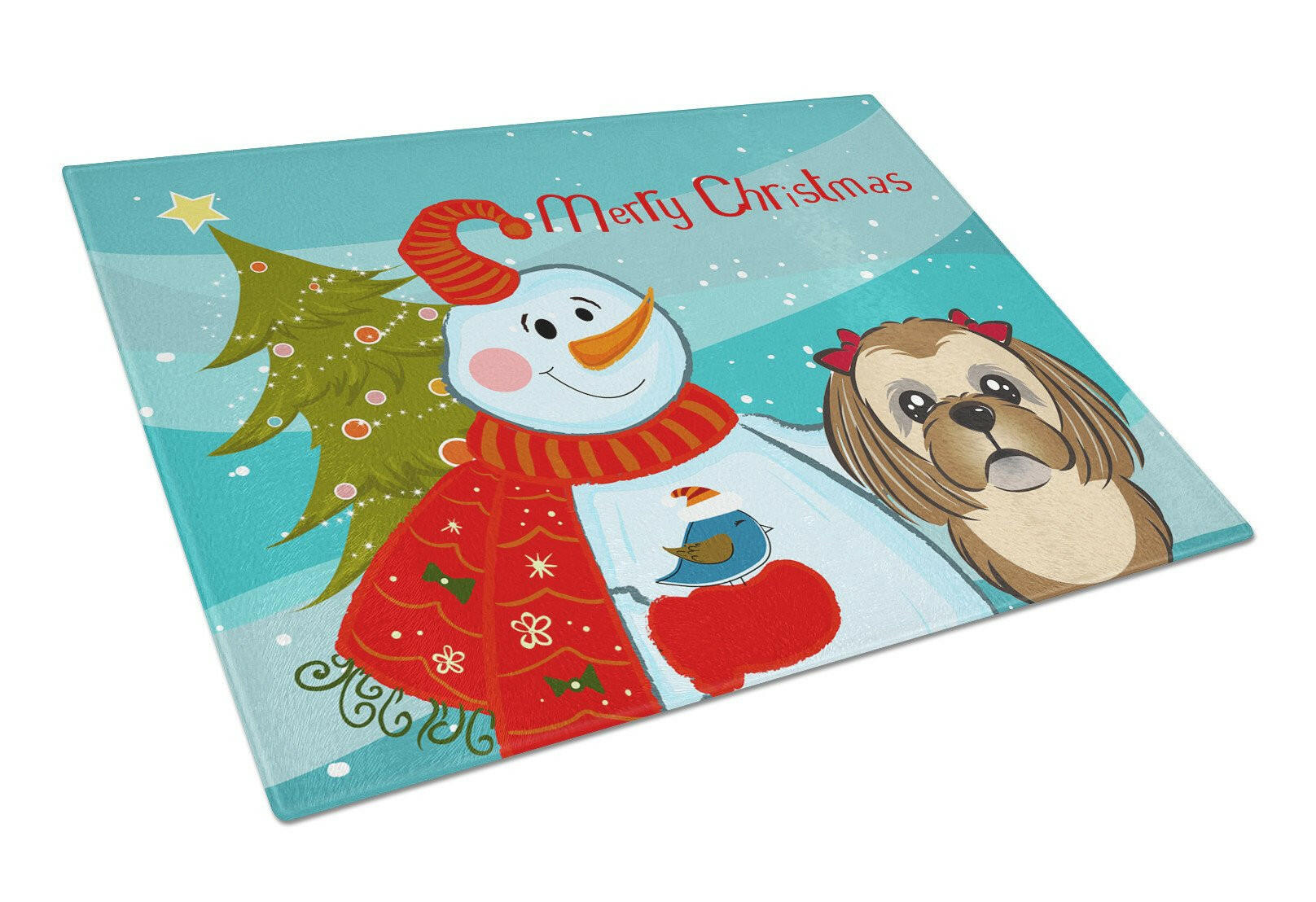 Snowman with Chocolate Brown Shih Tzu Cutting Board Tempered Glass Kitchen Cutting Surface, Heat Resistant Chopping, Non-Slip Feet, Food Prep & Serving