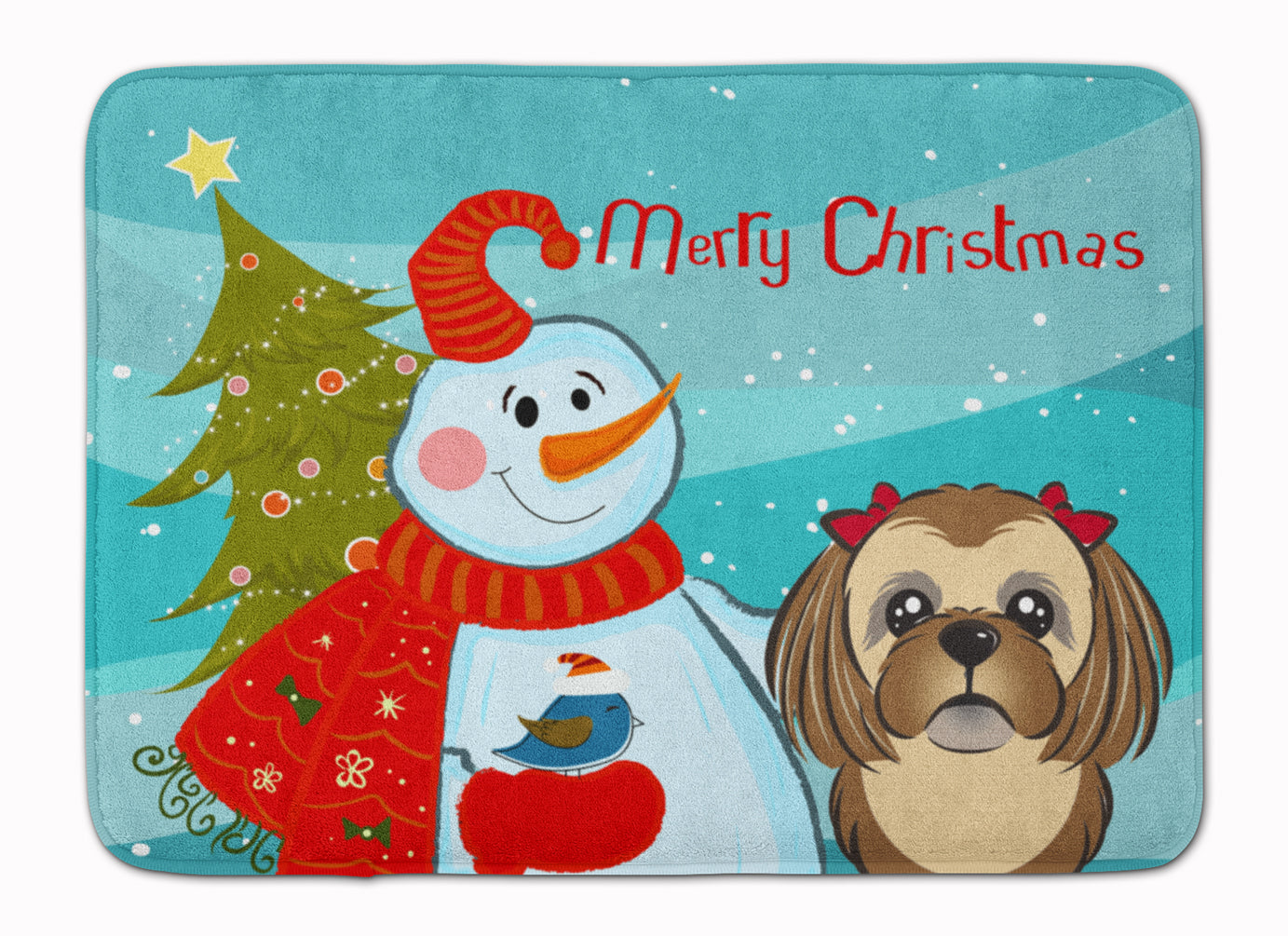 Snowman with Chocolate Brown Shih Tzu Memory Foam Kitchen Mat Machine Washable Anti-Fatigue Cushion Comfort Bath or Kitchen Rug