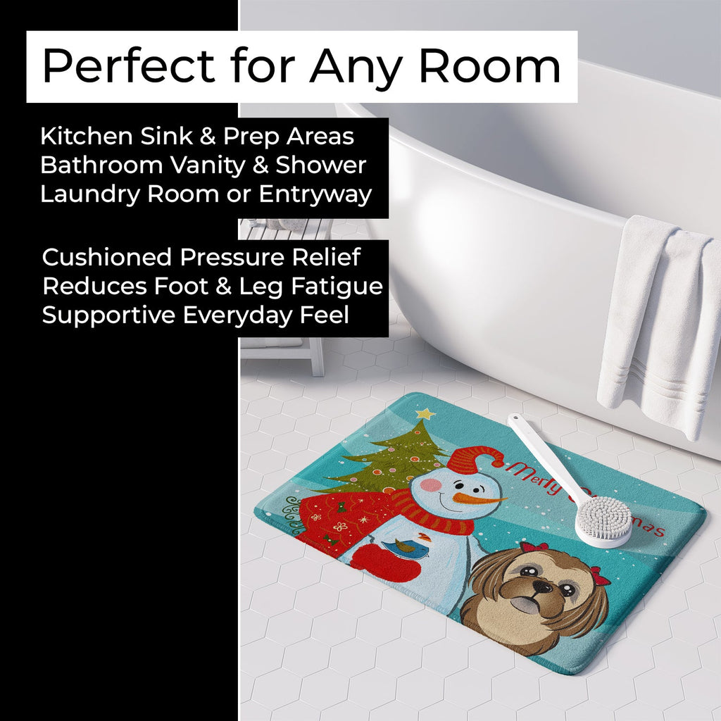 Snowman with Chocolate Brown Shih Tzu Memory Foam Kitchen Mat Machine Washable Anti-Fatigue Cushion Comfort Bath or Kitchen Rug