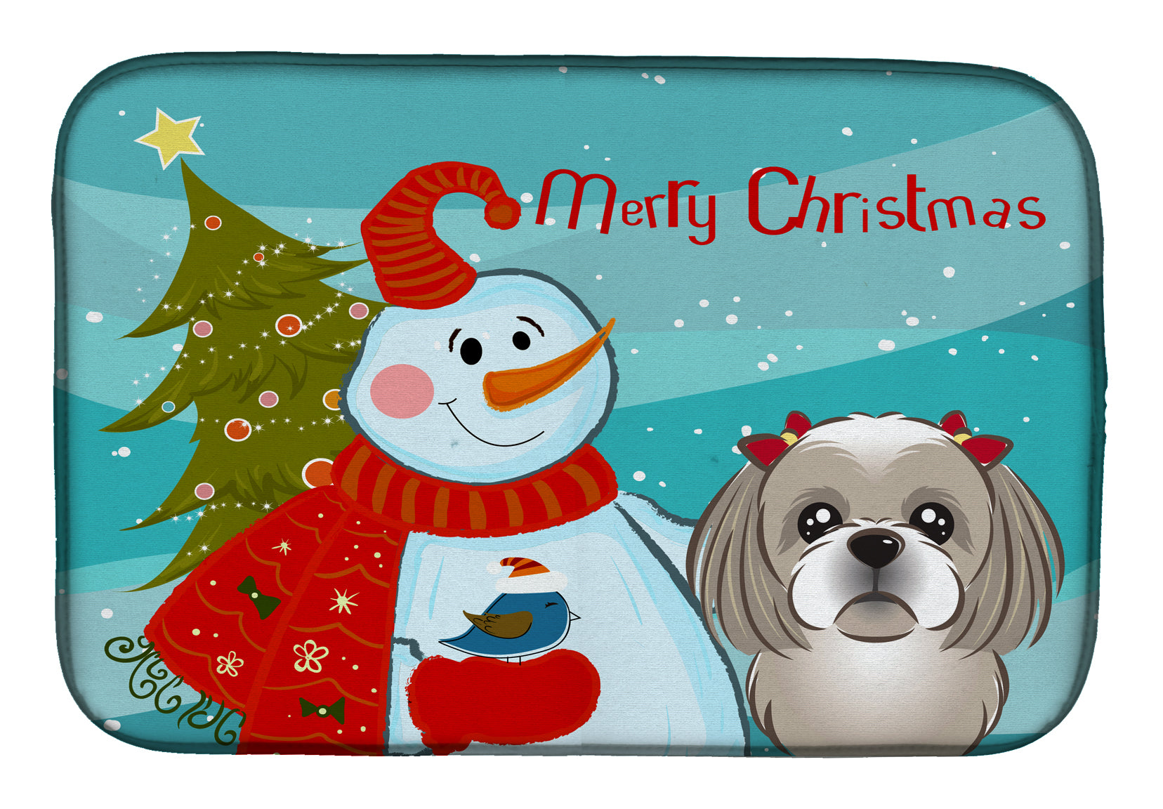 Snowman with Gray Silver Shih Tzu Dish Drying Mat Absorbent Dish Drying Mat Pad for Kitchen Counter Dish Drainer Mat for Countertop, 14 x 21", Multicolor