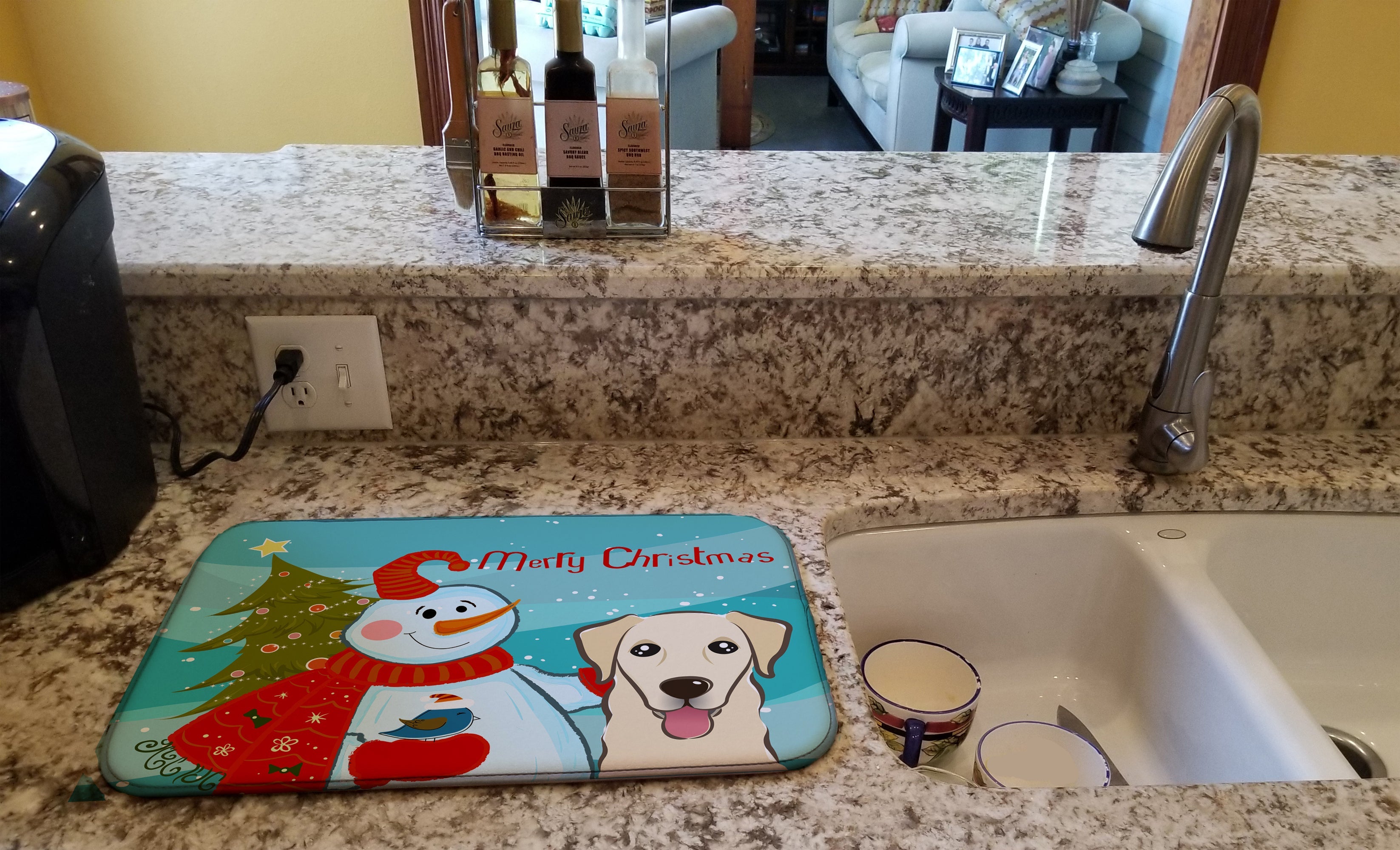 Snowman with Golden Retriever Dish Drying Mat Absorbent Dish Drying Mat Pad for Kitchen Counter Dish Drainer Mat for Countertop, 14 x 21", Multicolor