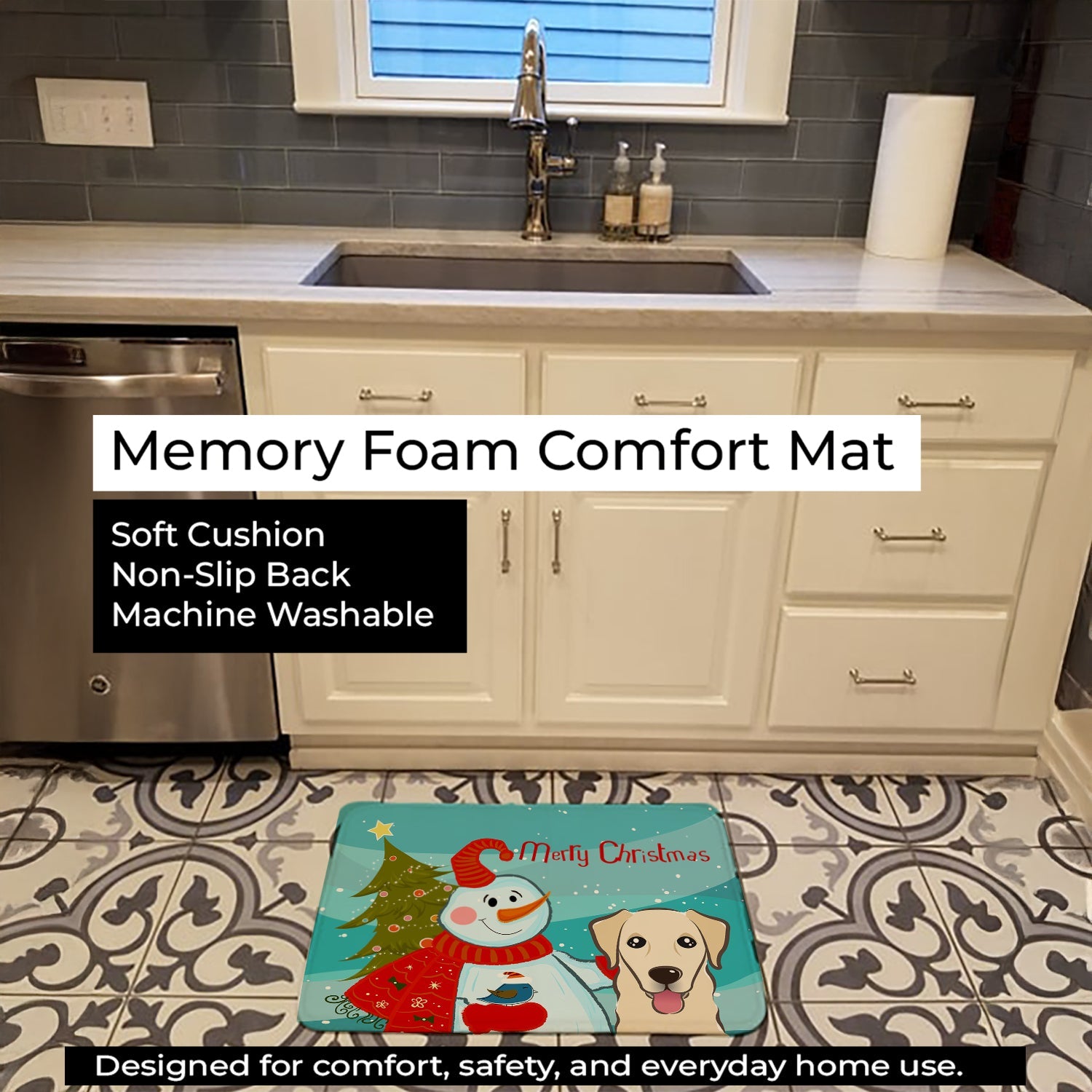 Snowman with Golden Retriever Memory Foam Kitchen Mat Machine Washable Anti-Fatigue Cushion Comfort Bath or Kitchen Rug