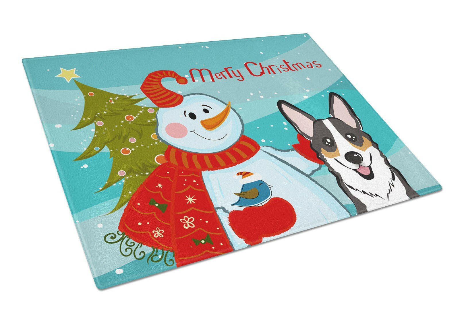 Snowman with Tricolor Corgi Cutting Board Tempered Glass Kitchen Cutting Surface, Heat Resistant Chopping, Non-Slip Feet, Food Prep & Serving