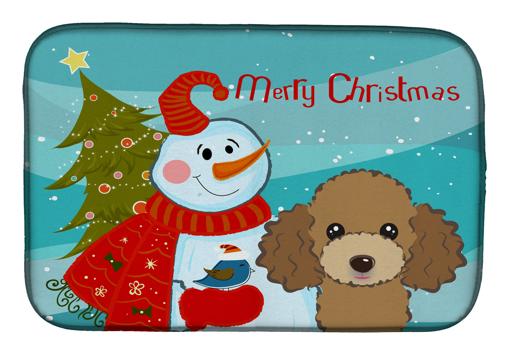 Snowman with Chocolate Brown Poodle Dish Drying Mat Absorbent Dish Drying Mat Pad for Kitchen Counter Dish Drainer Mat for Countertop, 14 x 21", Multicolor