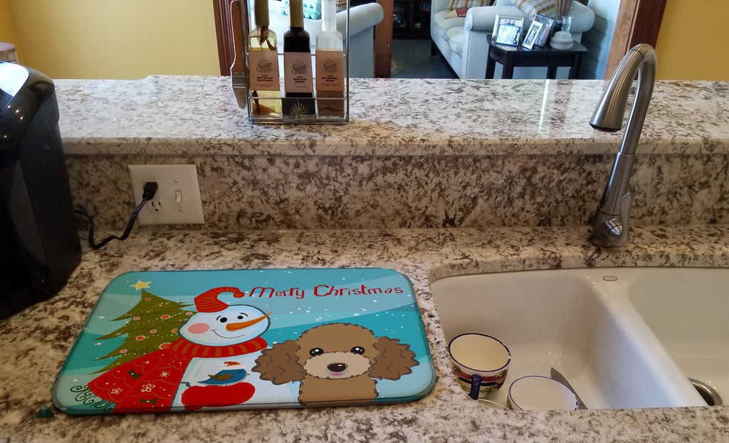 Snowman with Chocolate Brown Poodle Dish Drying Mat Absorbent Dish Drying Mat Pad for Kitchen Counter Dish Drainer Mat for Countertop, 14 x 21", Multicolor