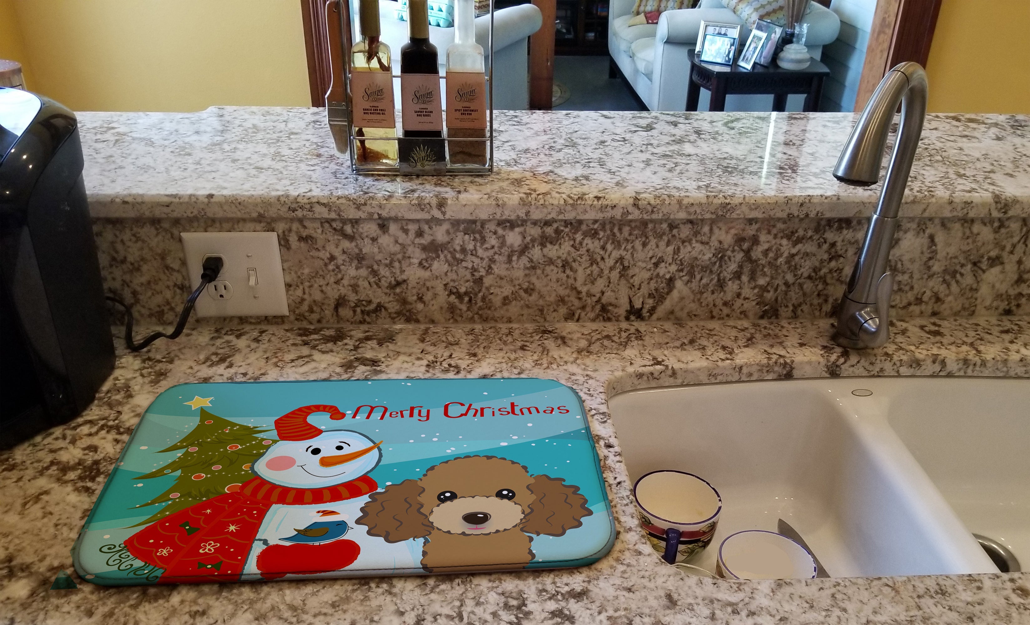 Snowman with Chocolate Brown Poodle Dish Drying Mat Absorbent Dish Drying Mat Pad for Kitchen Counter Dish Drainer Mat for Countertop, 14 x 21", Multicolor
