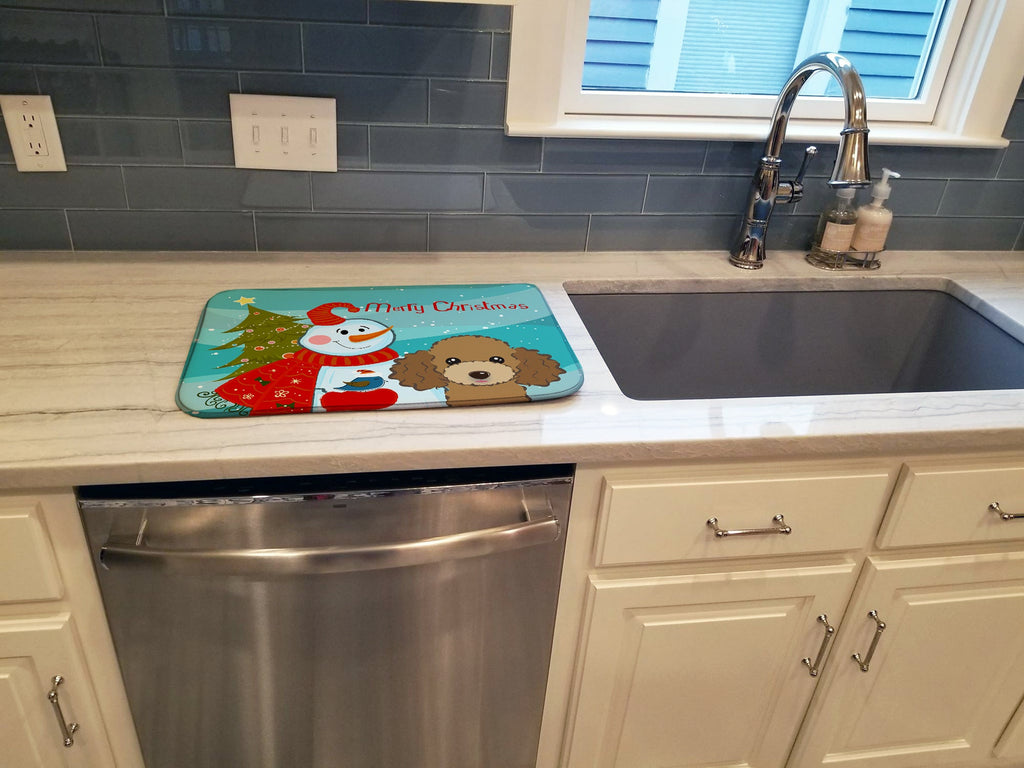 Snowman with Chocolate Brown Poodle Dish Drying Mat Absorbent Dish Drying Mat Pad for Kitchen Counter Dish Drainer Mat for Countertop, 14 x 21", Multicolor