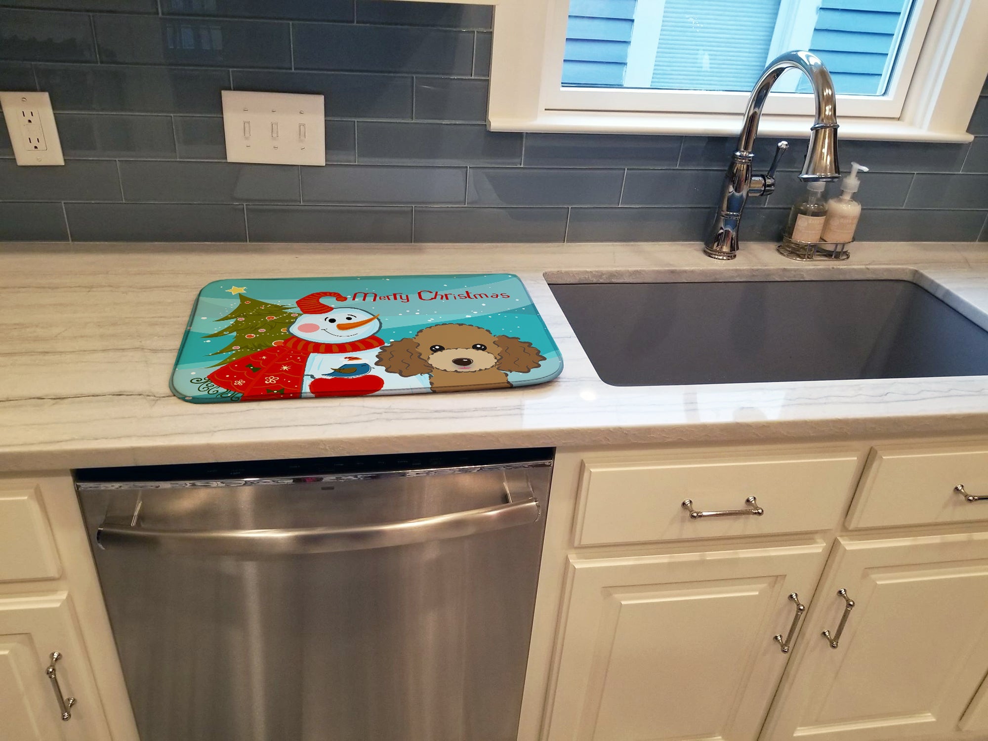 Snowman with Chocolate Brown Poodle Dish Drying Mat Absorbent Dish Drying Mat Pad for Kitchen Counter Dish Drainer Mat for Countertop, 14 x 21", Multicolor