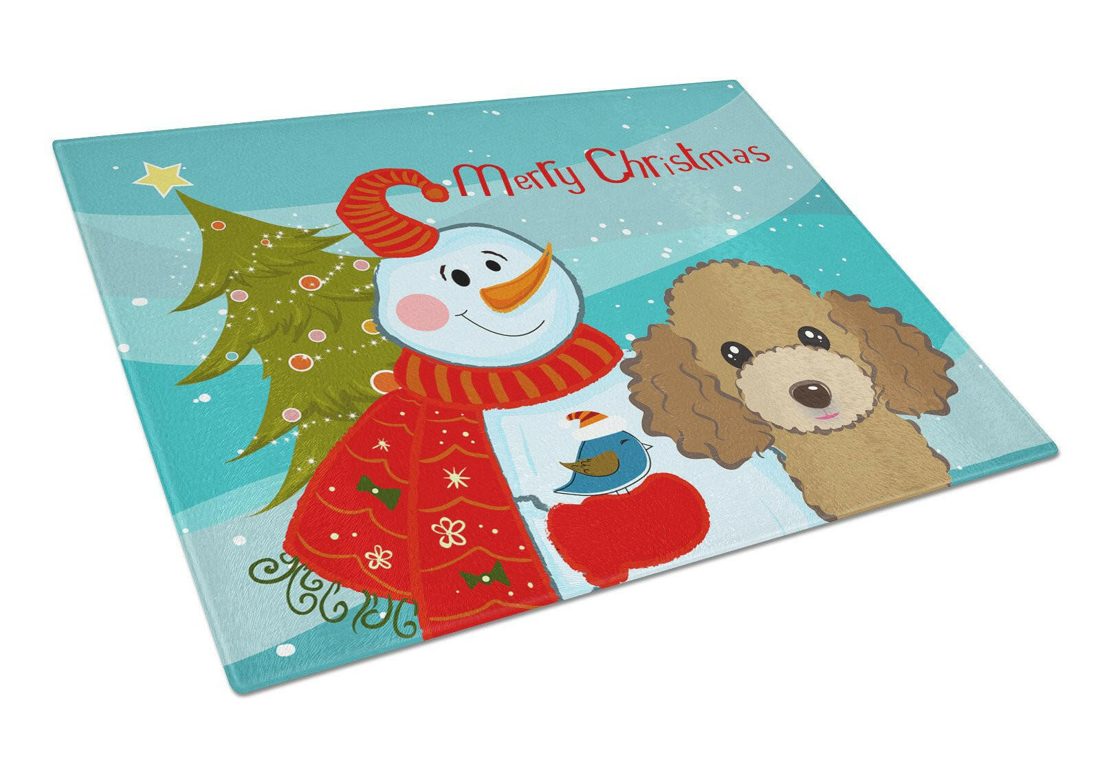 Snowman with Chocolate Brown Poodle Cutting Board Tempered Glass Kitchen Cutting Surface, Heat Resistant Chopping, Non-Slip Feet, Food Prep & Serving