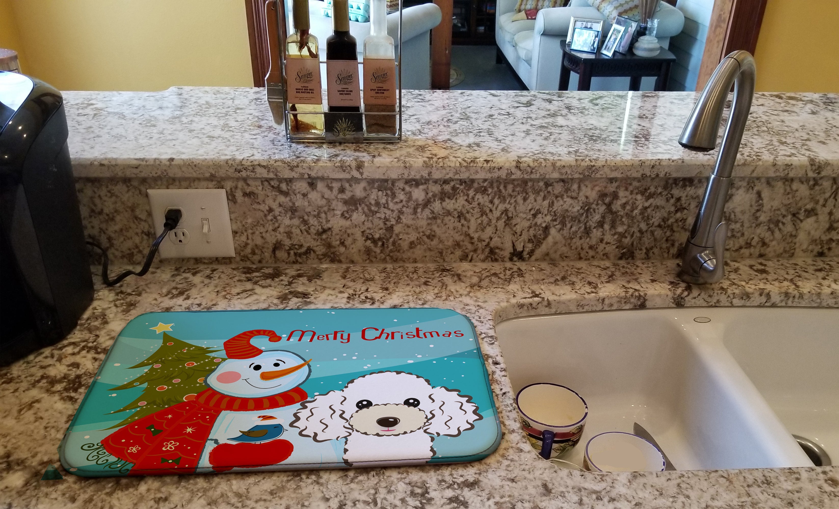 Snowman with White Poodle Dish Drying Mat Absorbent Dish Drying Mat Pad for Kitchen Counter Dish Drainer Mat for Countertop, 14 x 21", Multicolor