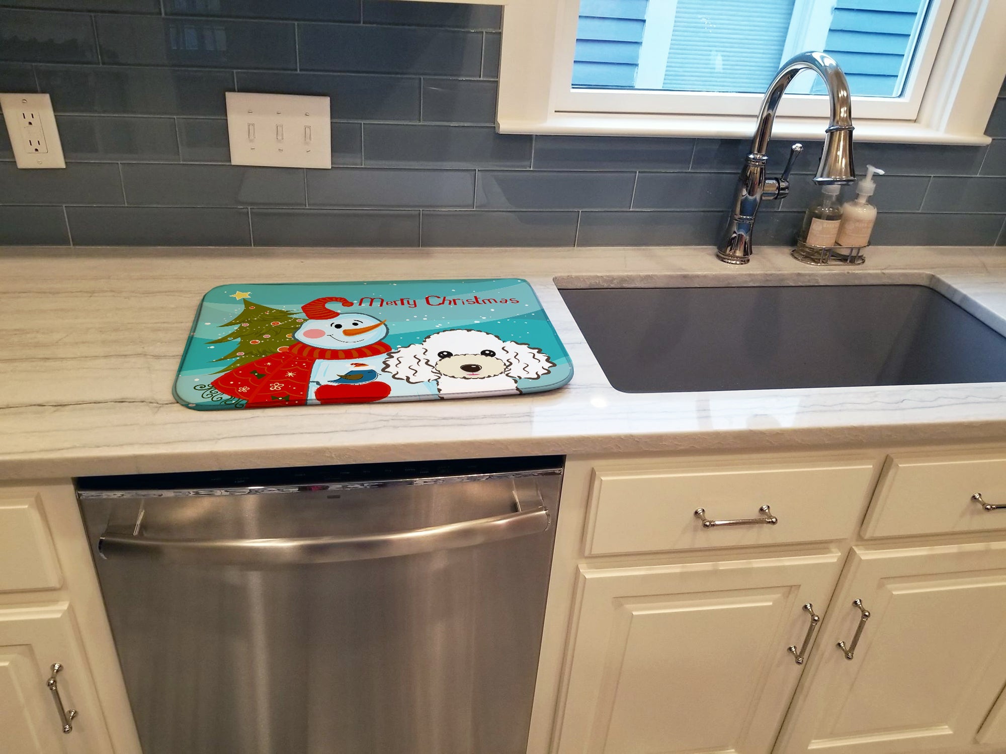 Snowman with White Poodle Dish Drying Mat Absorbent Dish Drying Mat Pad for Kitchen Counter Dish Drainer Mat for Countertop, 14 x 21", Multicolor
