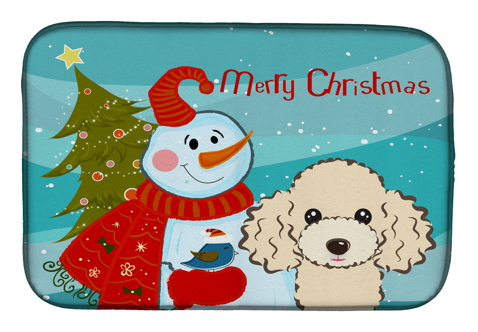 Snowman with Buff Poodle Dish Drying Mat Absorbent Dish Drying Mat Pad for Kitchen Counter Dish Drainer Mat for Countertop, 14 x 21", Multicolor