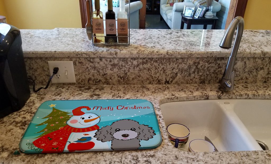 Snowman with Silver Gray Poodle Dish Drying Mat Absorbent Dish Drying Mat Pad for Kitchen Counter Dish Drainer Mat for Countertop, 14 x 21", Multicolor