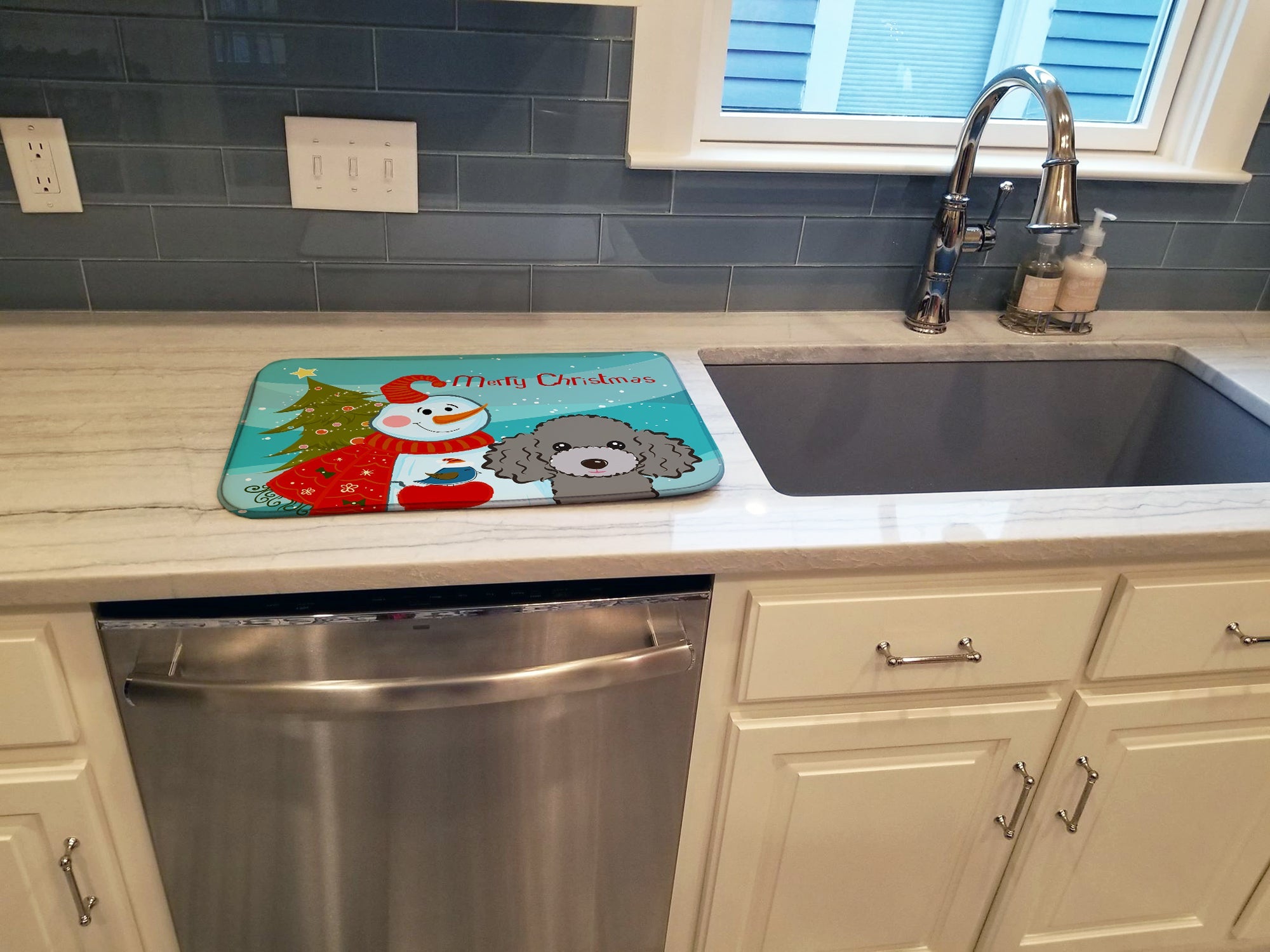 Snowman with Silver Gray Poodle Dish Drying Mat Absorbent Dish Drying Mat Pad for Kitchen Counter Dish Drainer Mat for Countertop, 14 x 21", Multicolor