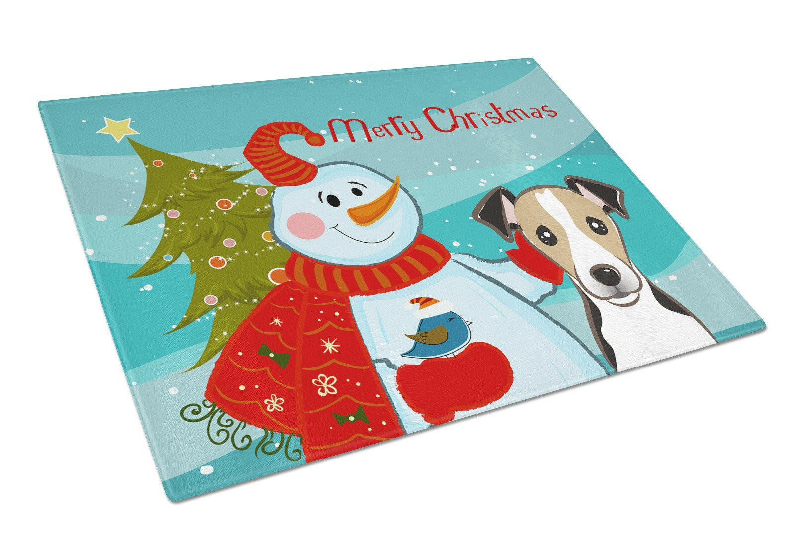 Snowman with Jack Russell Terrier Cutting Board Tempered Glass Kitchen Cutting Surface, Heat Resistant Chopping, Non-Slip Feet, Food Prep & Serving