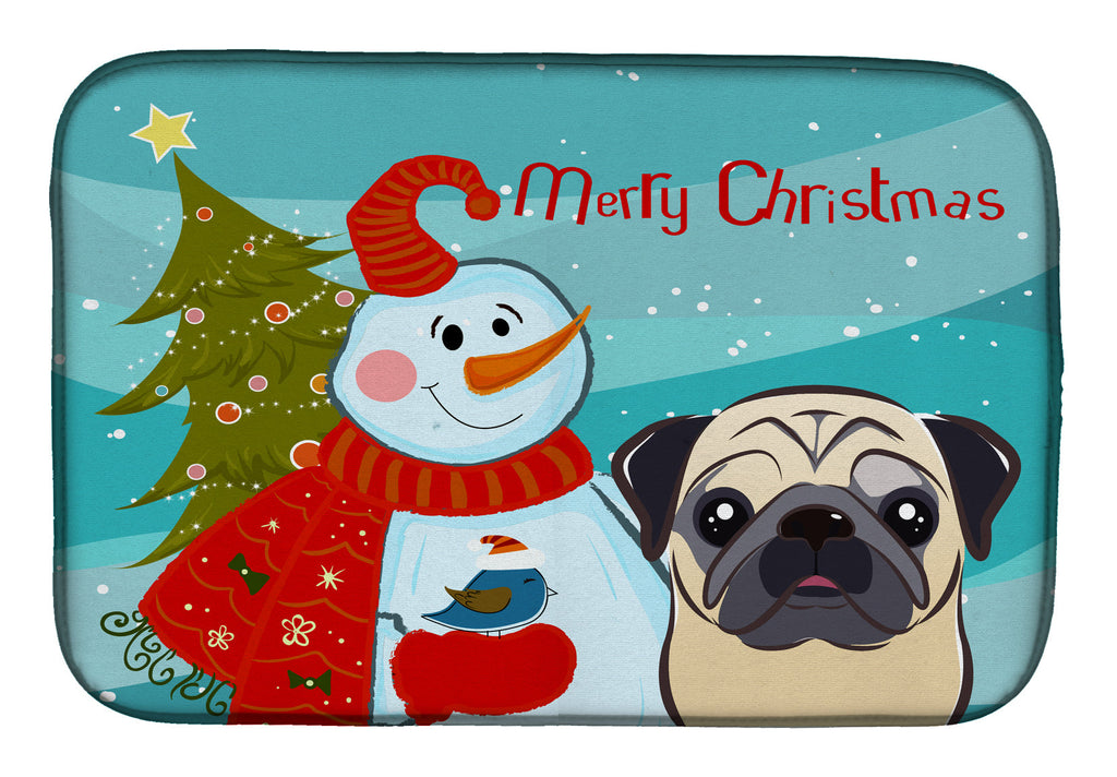Snowman with Fawn Pug Dish Drying Mat Absorbent Dish Drying Mat Pad for Kitchen Counter Dish Drainer Mat for Countertop, 14 x 21", Multicolor